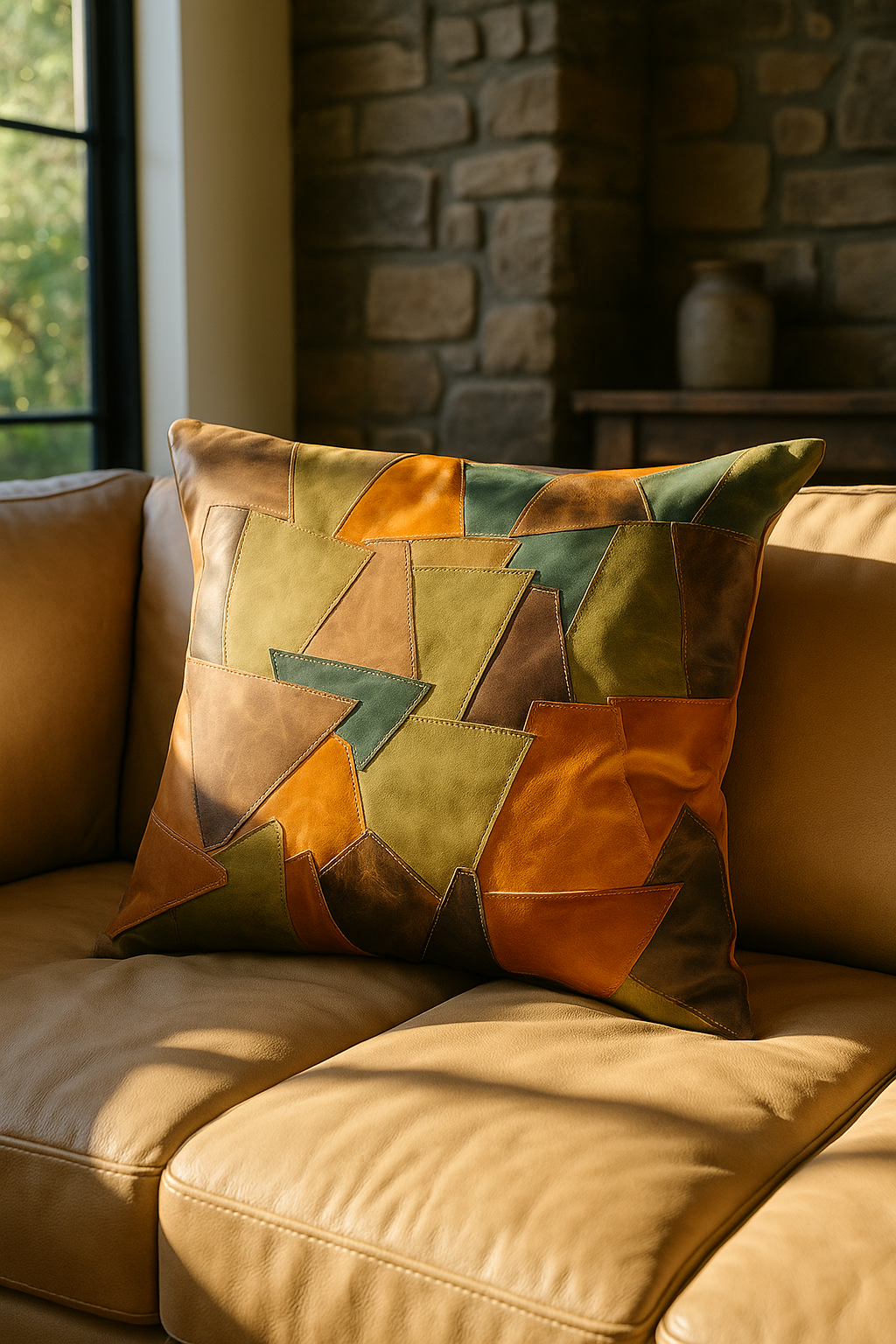 Large Patchwork Leather Cushion - Rustic Earthy Tones | 60x60cms