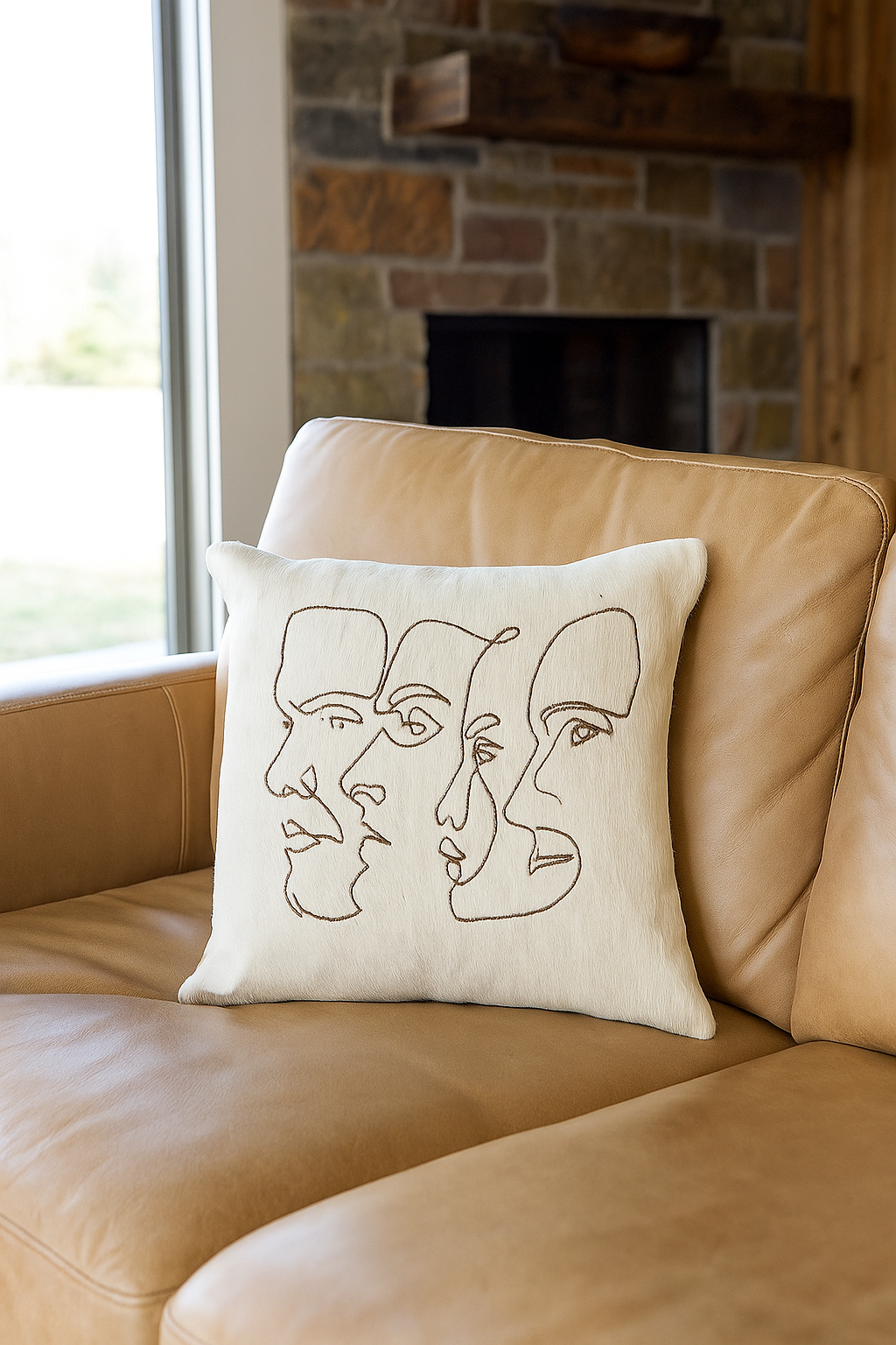 Cowhide Leather Cushion Cover - Handmade Modern Abstract Face Pillow