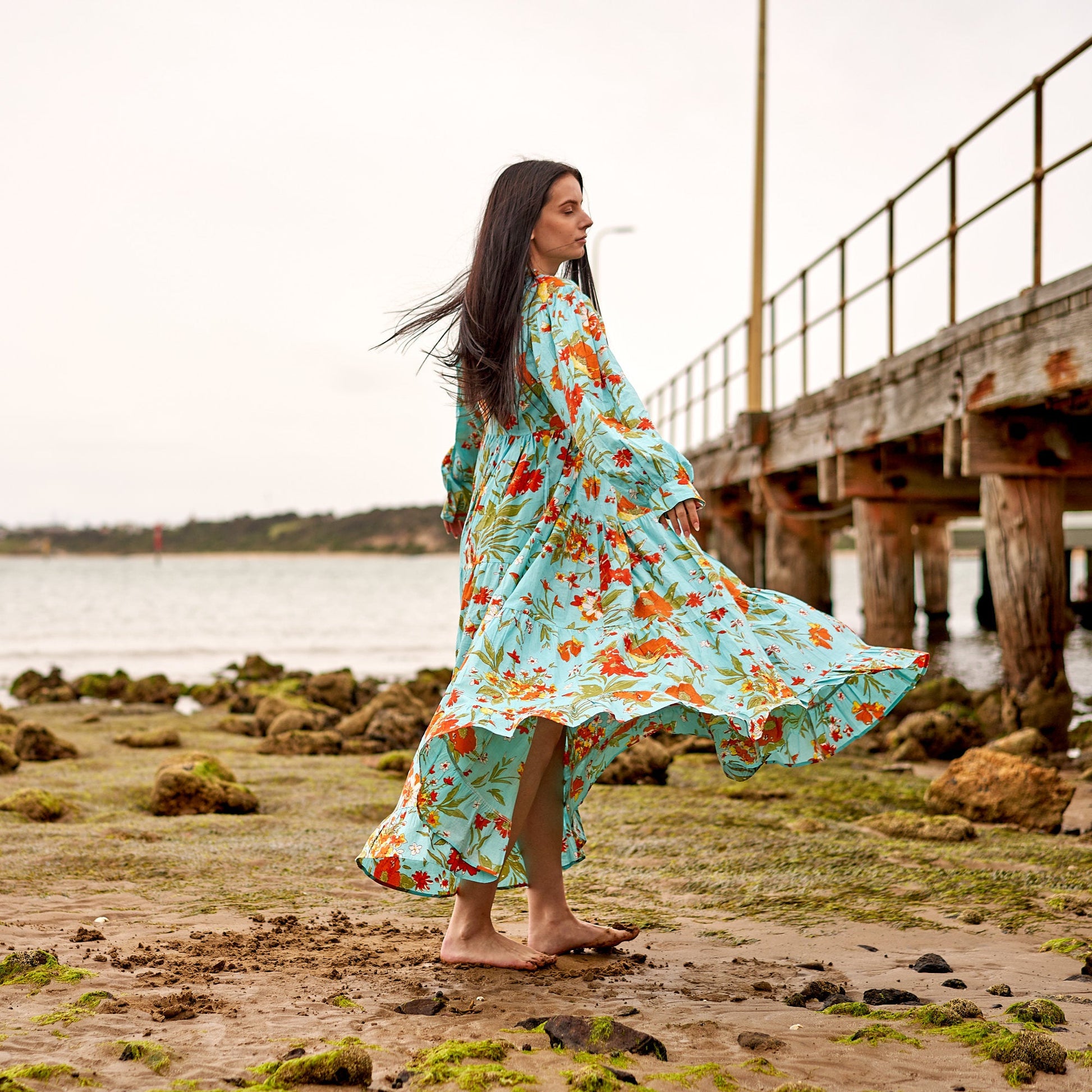 'Blue Florals' 100% Cotton Maxi Dress