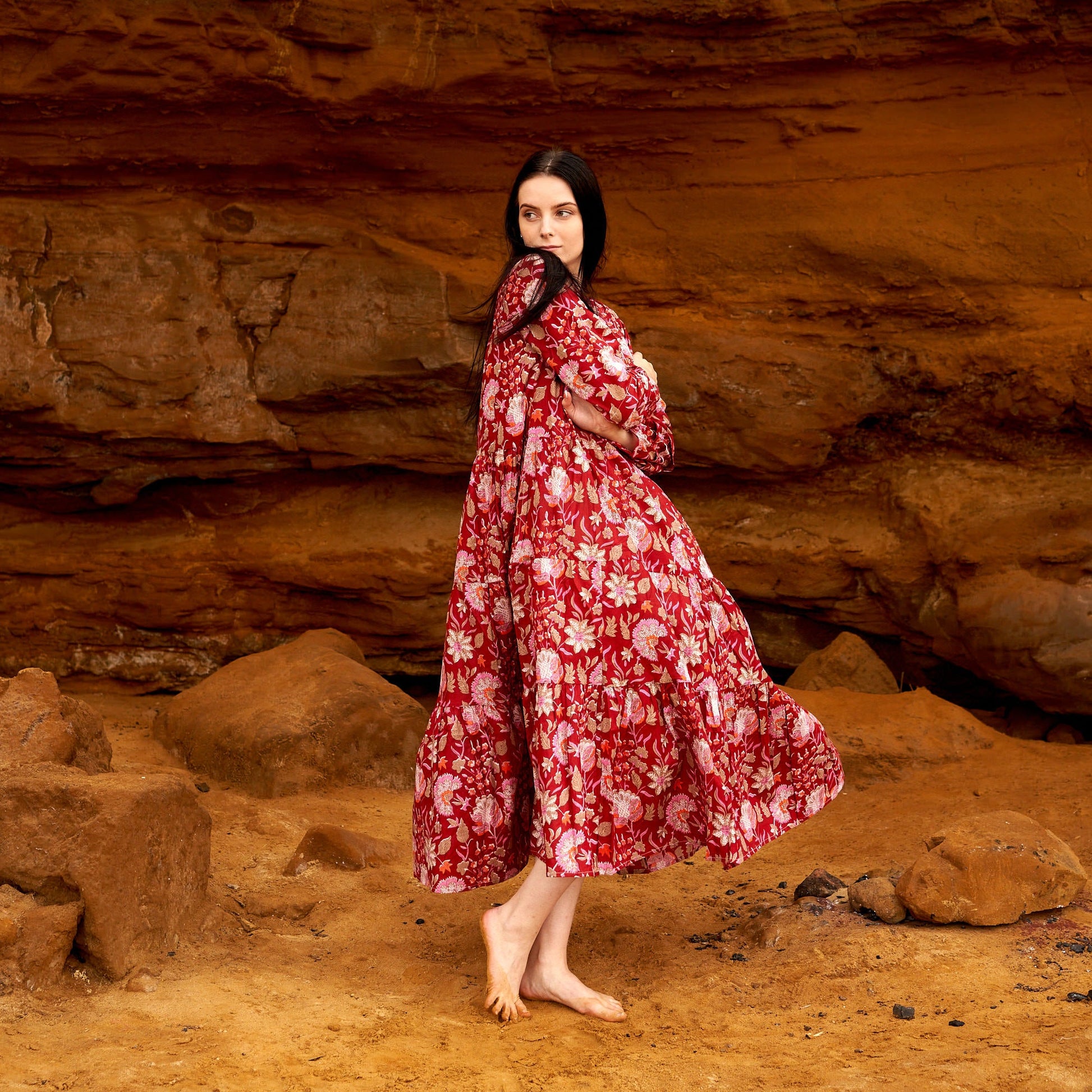 'Fiery Blossoms' 100% Cotton Maxi Dress