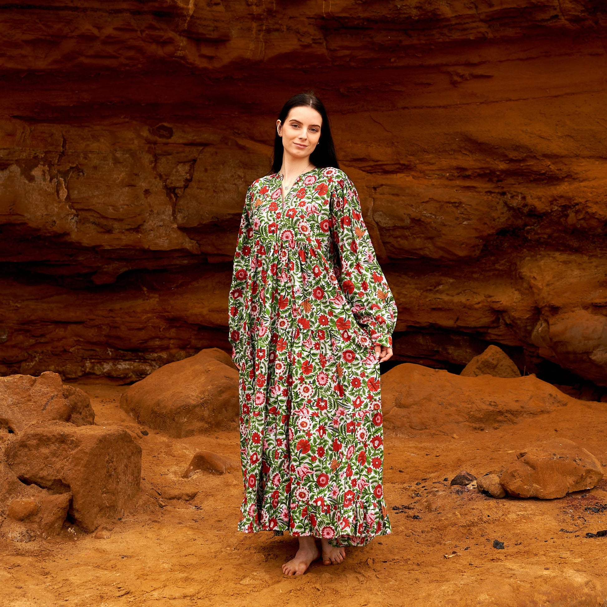 'Vermilion Blooms' 100% Cotton Maxi Dress
