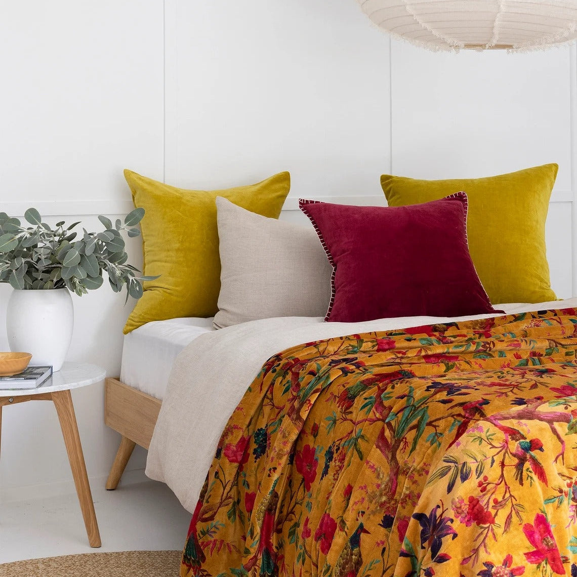 Velvet Floral Kantha Quilt - Bird Paradise Mustard