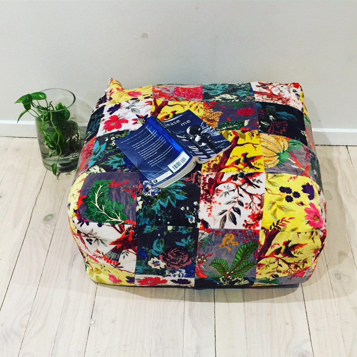 Velvet Patchwork Cushion Cover Ottoman Pouffe - Colourful Lagoon