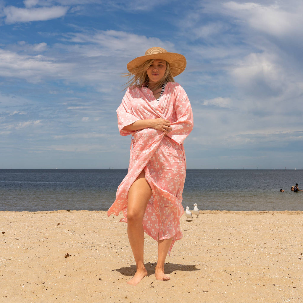 PEACH FLORAL' Women's Cotton Kimono Robe