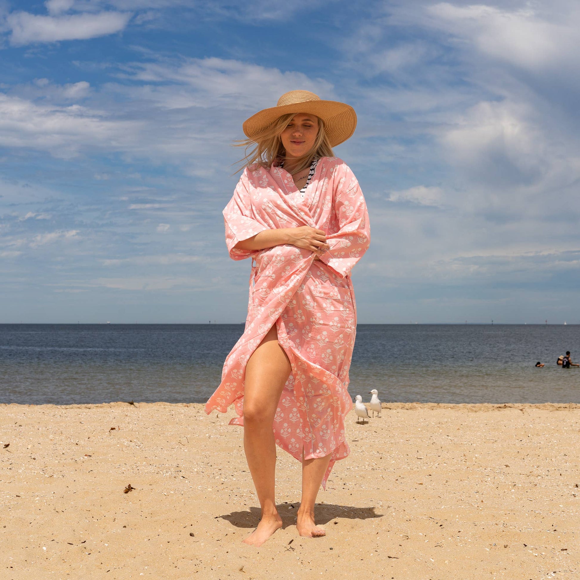 PEACH FLORAL' Women's Cotton Kimono Robe