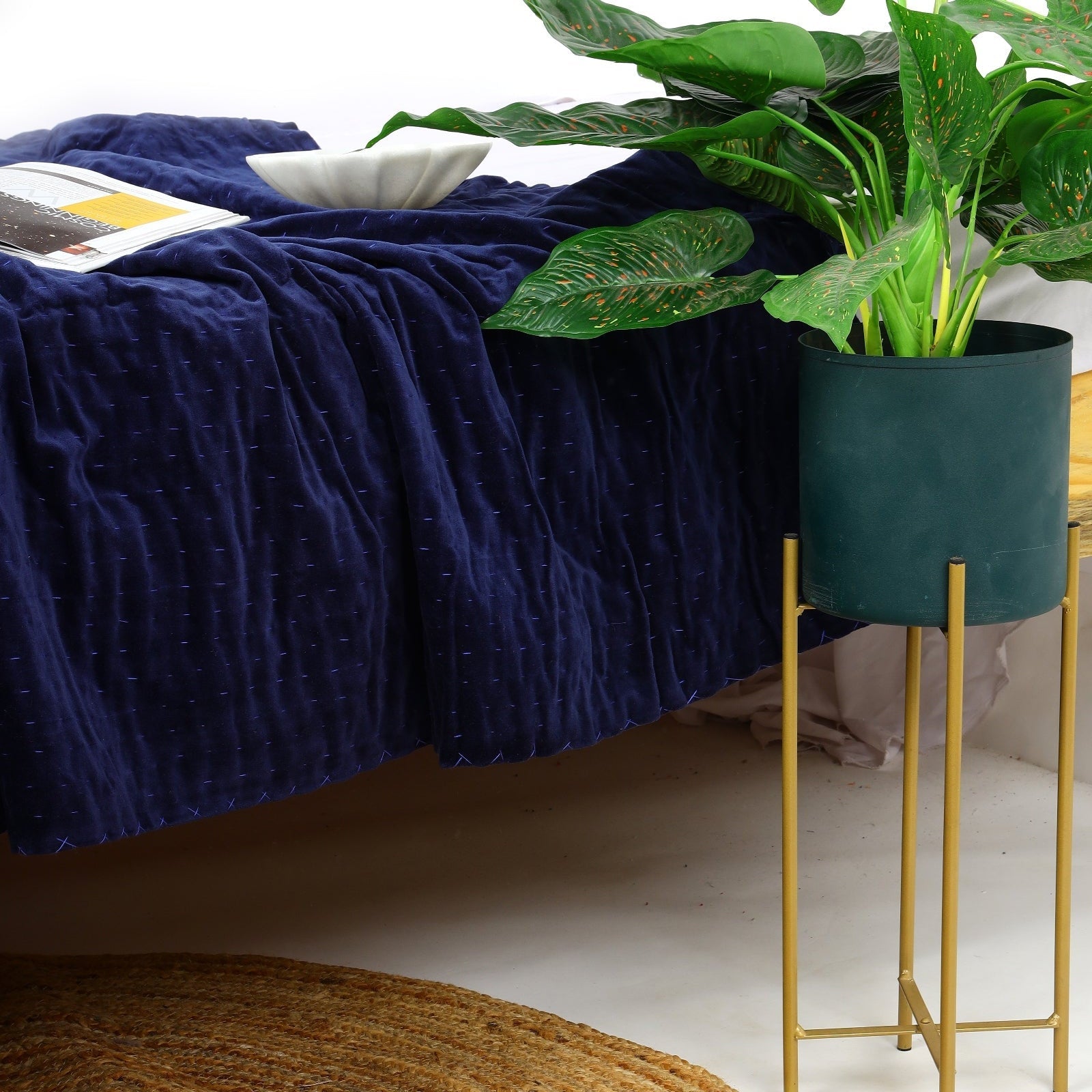 Boho Indian Velvet Kantha Quilt - Handmade Block Print Bedspread