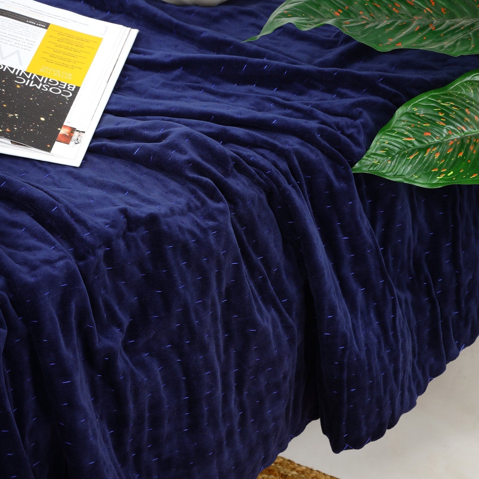 Boho Indian Velvet Kantha Quilt - Handmade Block Print Bedspread