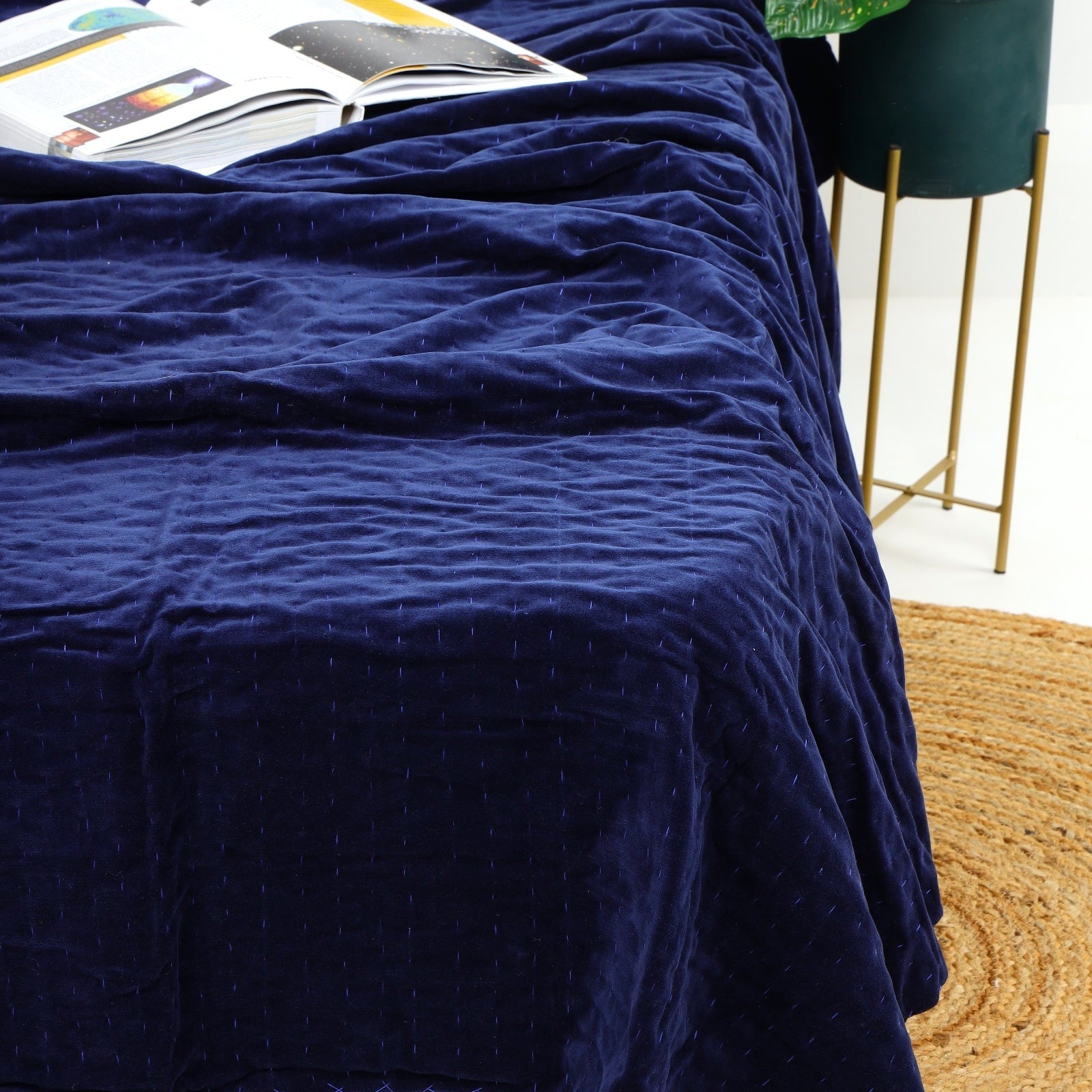 Boho Indian Velvet Kantha Quilt - Handmade Block Print Bedspread