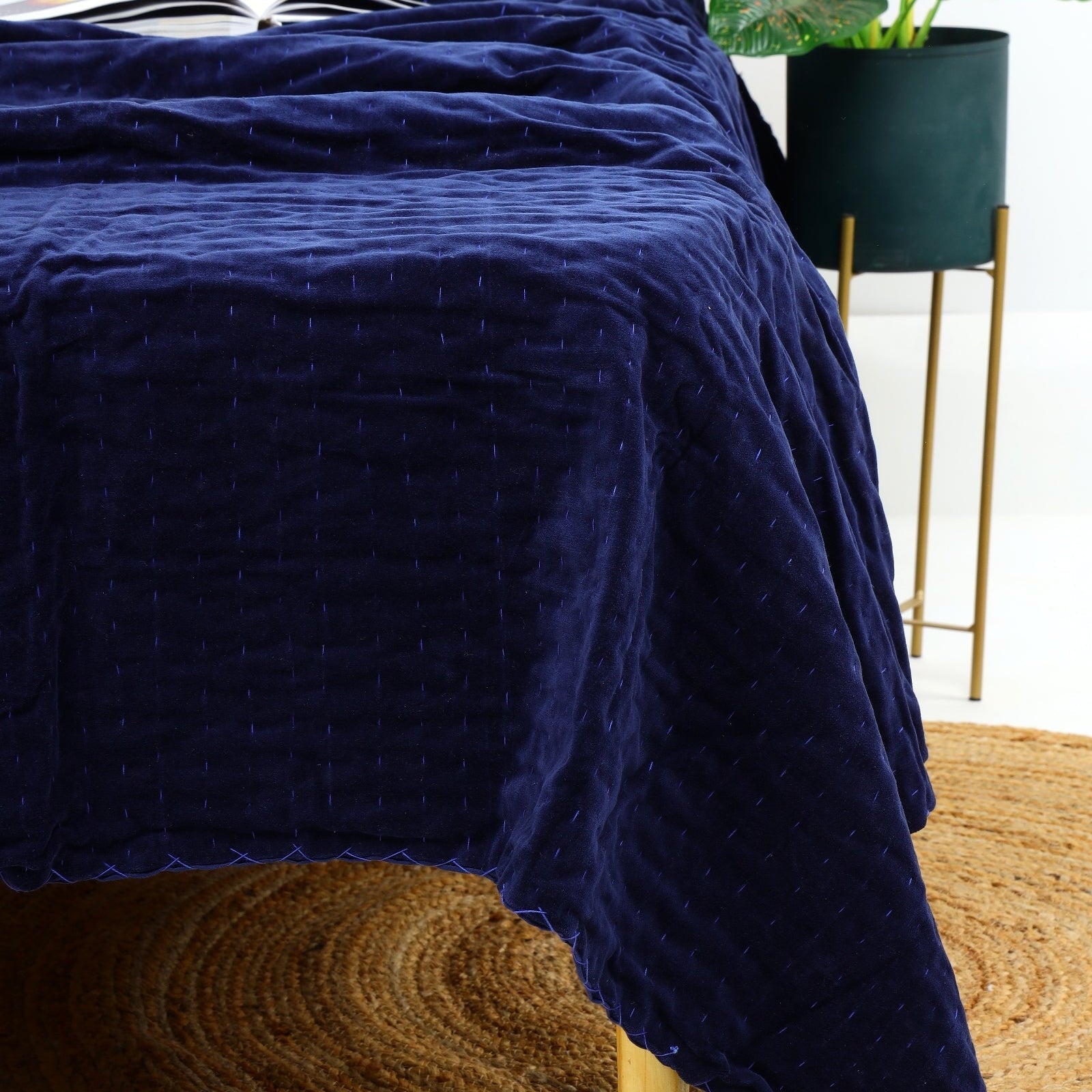 Boho Indian Velvet Kantha Quilt - Handmade Block Print Bedspread