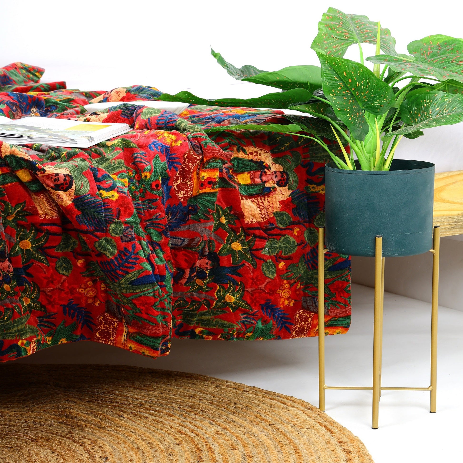 Velvet Floral Kantha Quilt - Frida Red