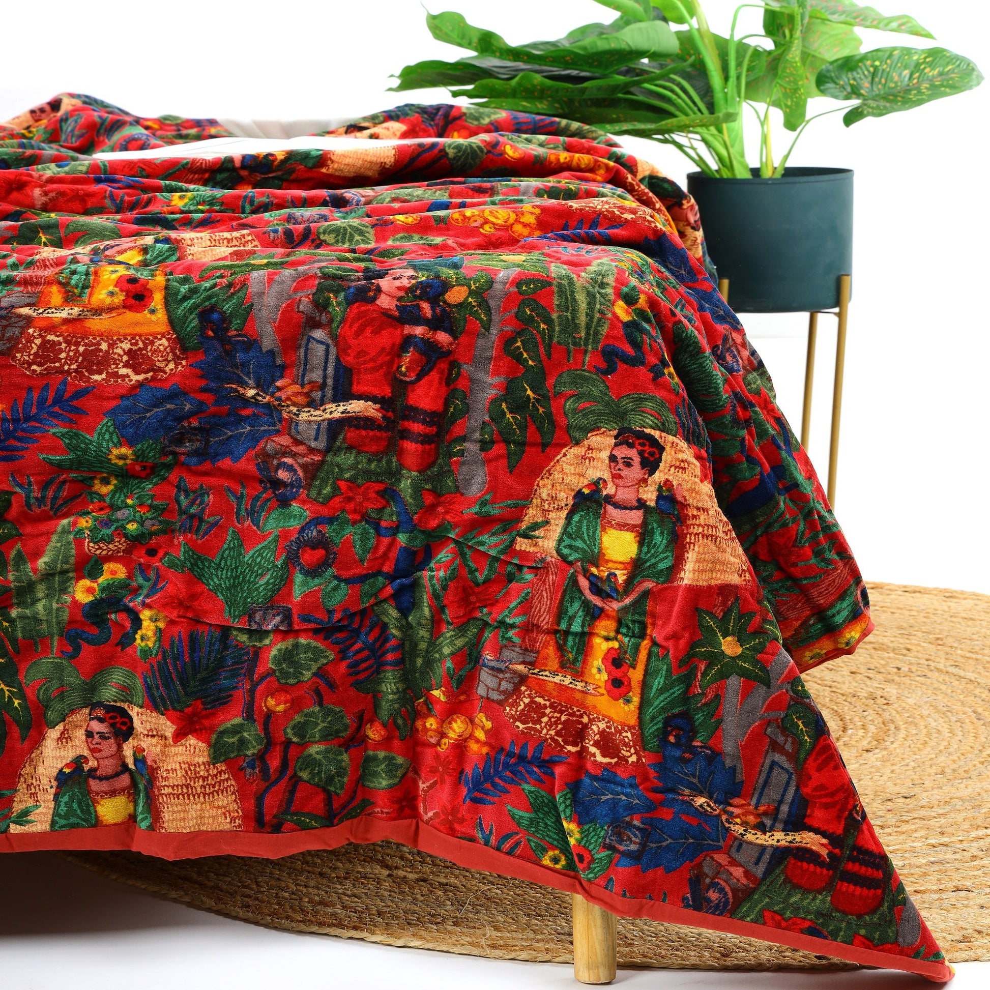 Velvet Floral Kantha Quilt - Frida Red