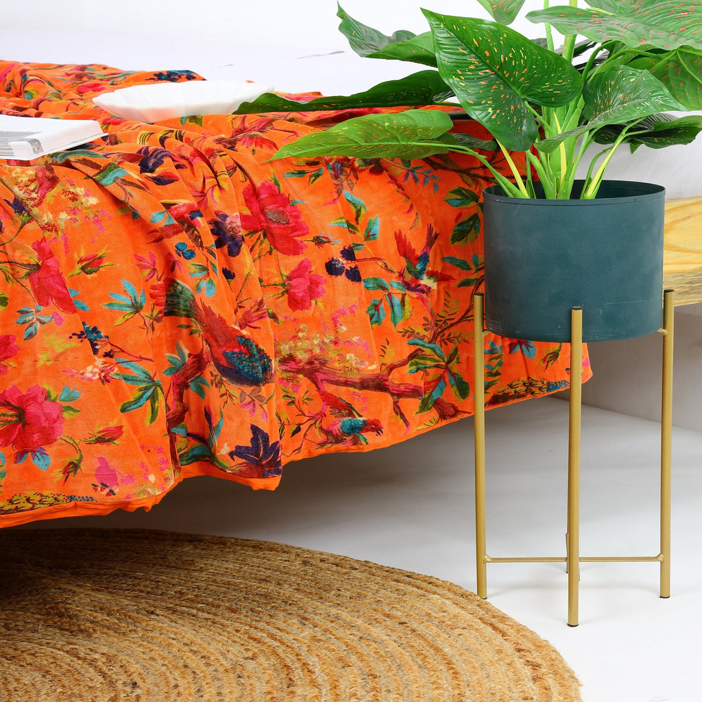 Velvet Floral Kantha Quilt - Bird Paradise Orange