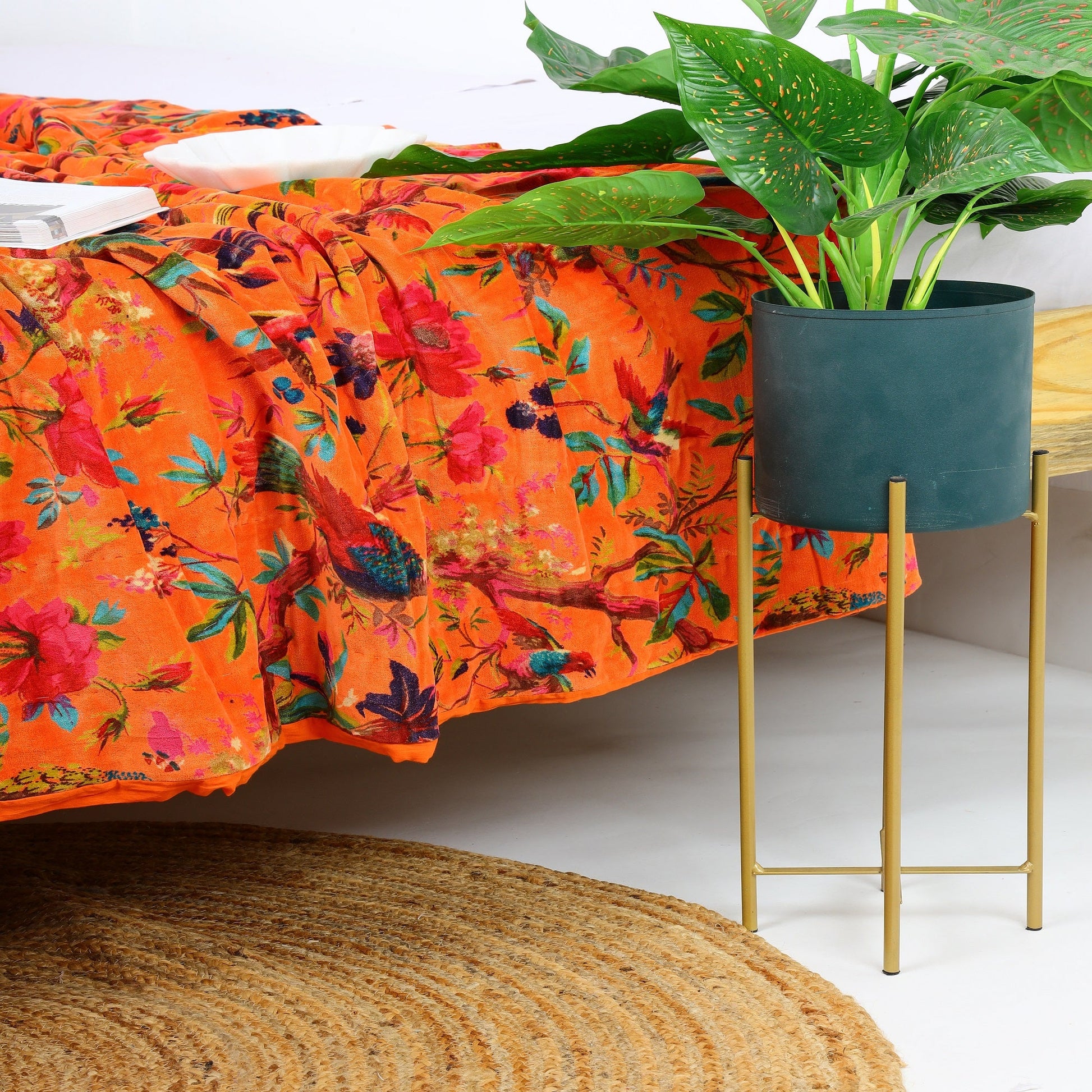 Velvet Floral Kantha Quilt - Bird Paradise Orange
