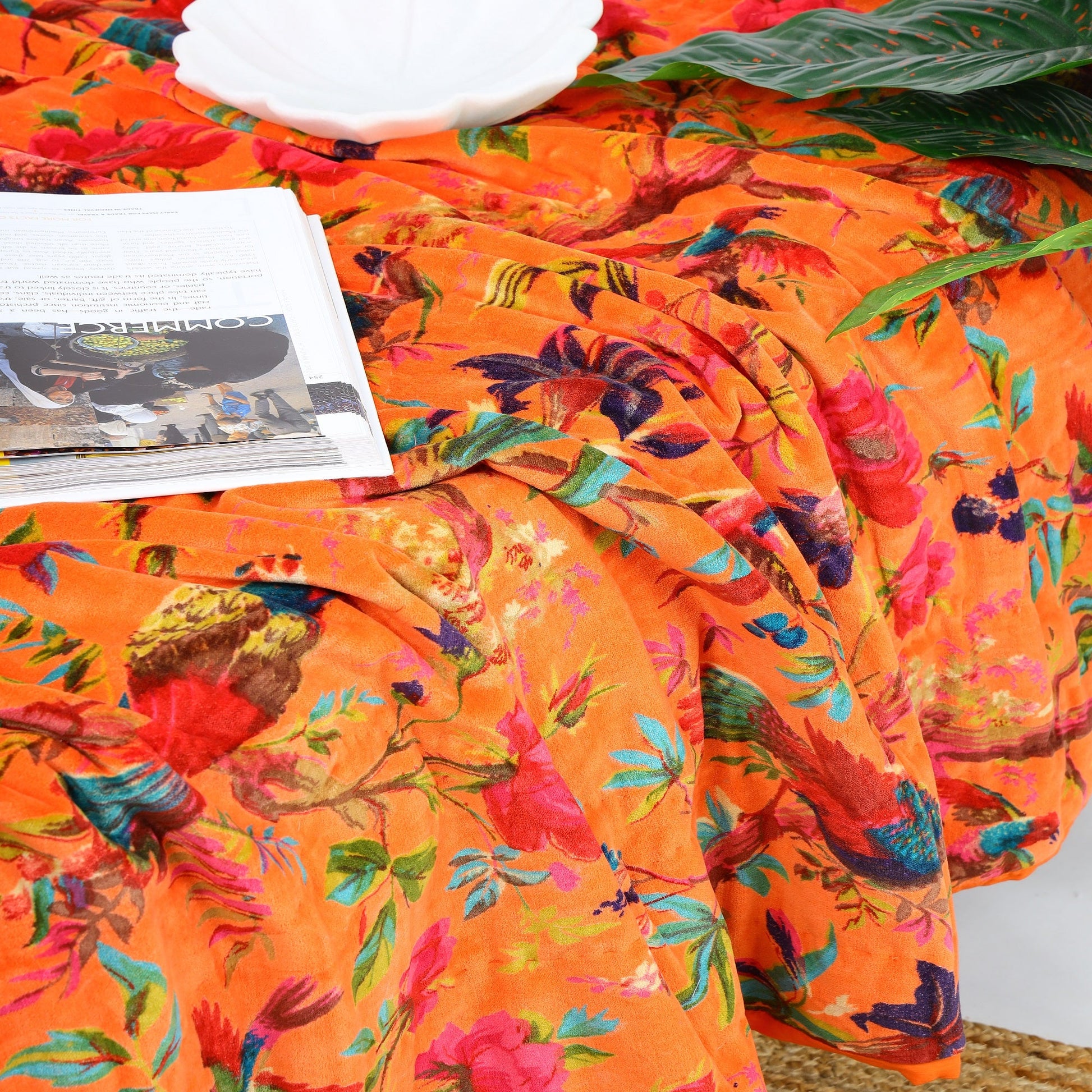 Velvet Floral Kantha Quilt - Bird Paradise Orange