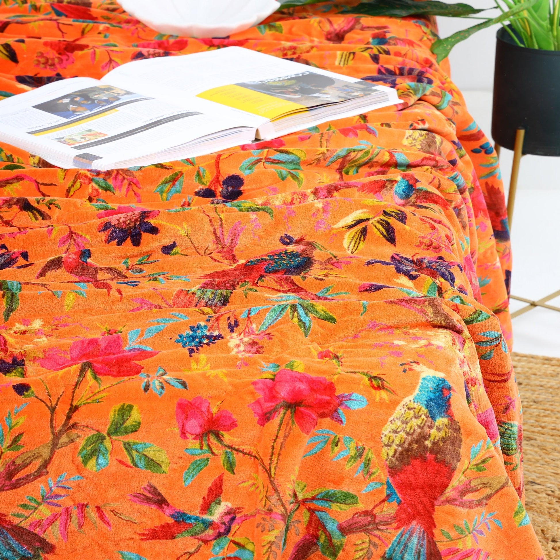 Velvet Floral Kantha Quilt - Bird Paradise Orange