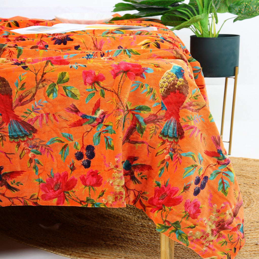Velvet Floral Kantha Quilt - Bird Paradise Orange