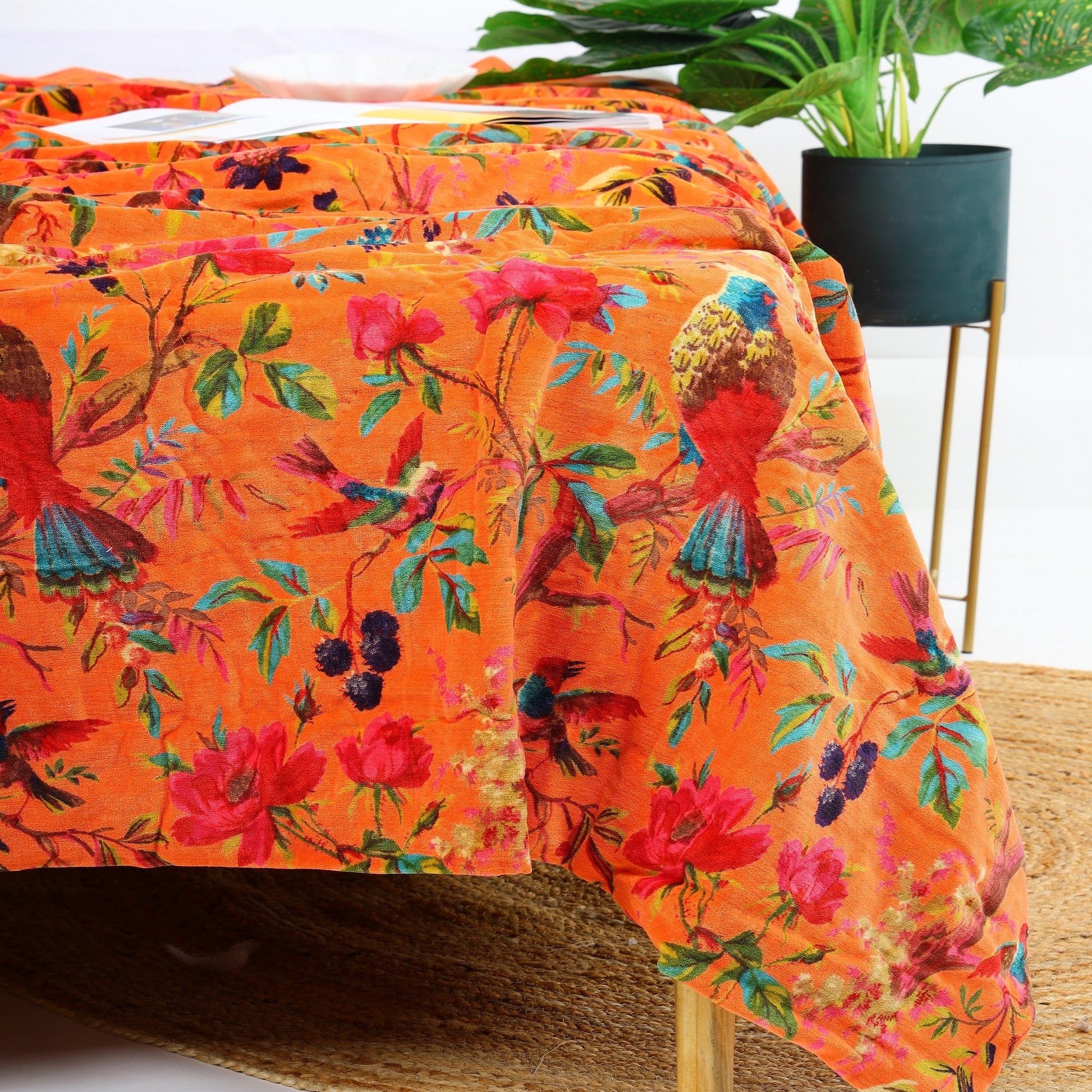 Velvet Floral Kantha Quilt - Bird Paradise Orange