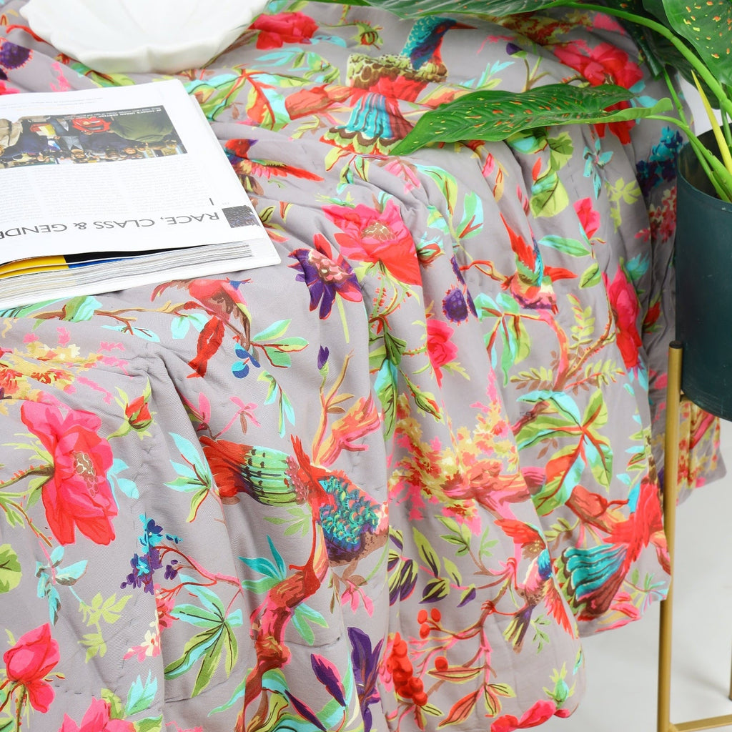 Velvet Floral Kantha Quilt - Serendipity Grey Bird