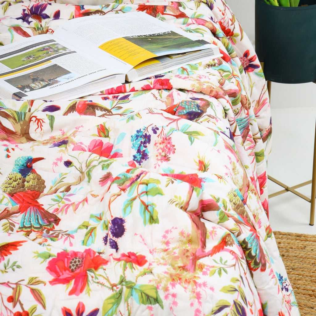 Velvet Floral Kantha Quilt - Patchwork White Bird