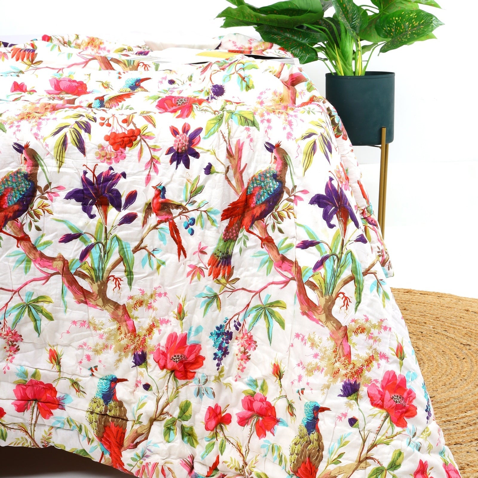 Velvet Floral Kantha Quilt - Patchwork White Bird