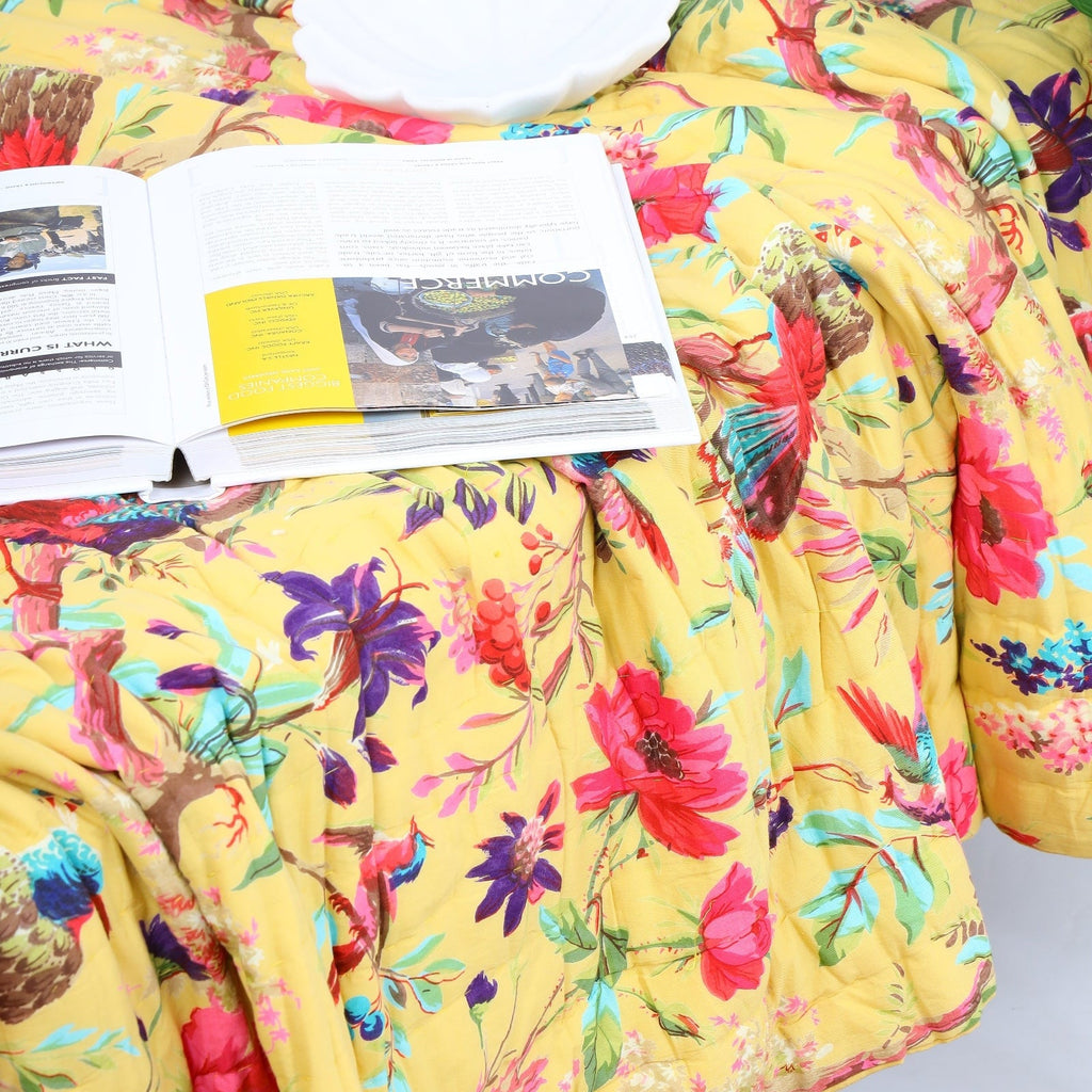 Velvet Floral Kantha Quilt - Bird Paradise Lemon