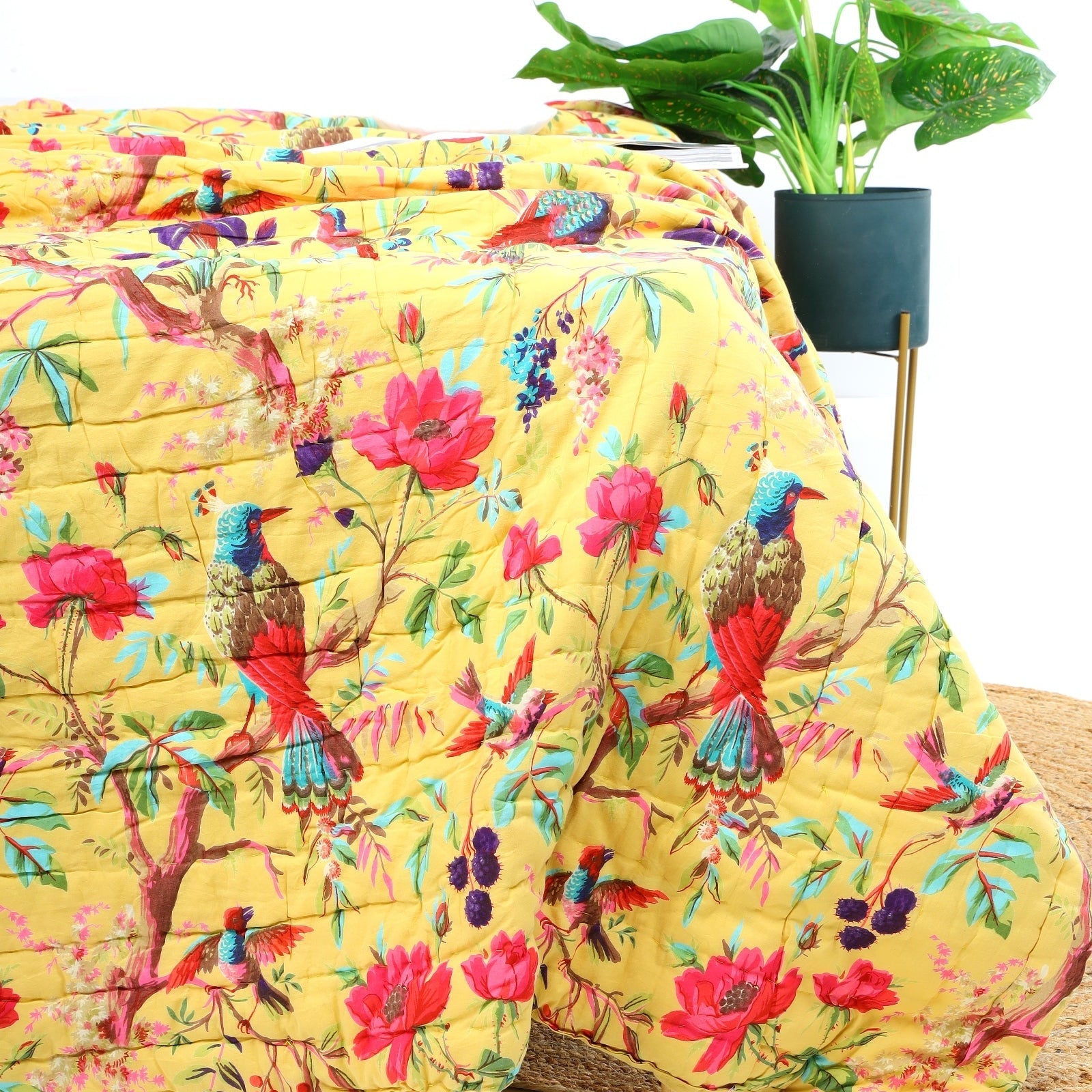 Velvet Floral Kantha Quilt - Bird Paradise Lemon