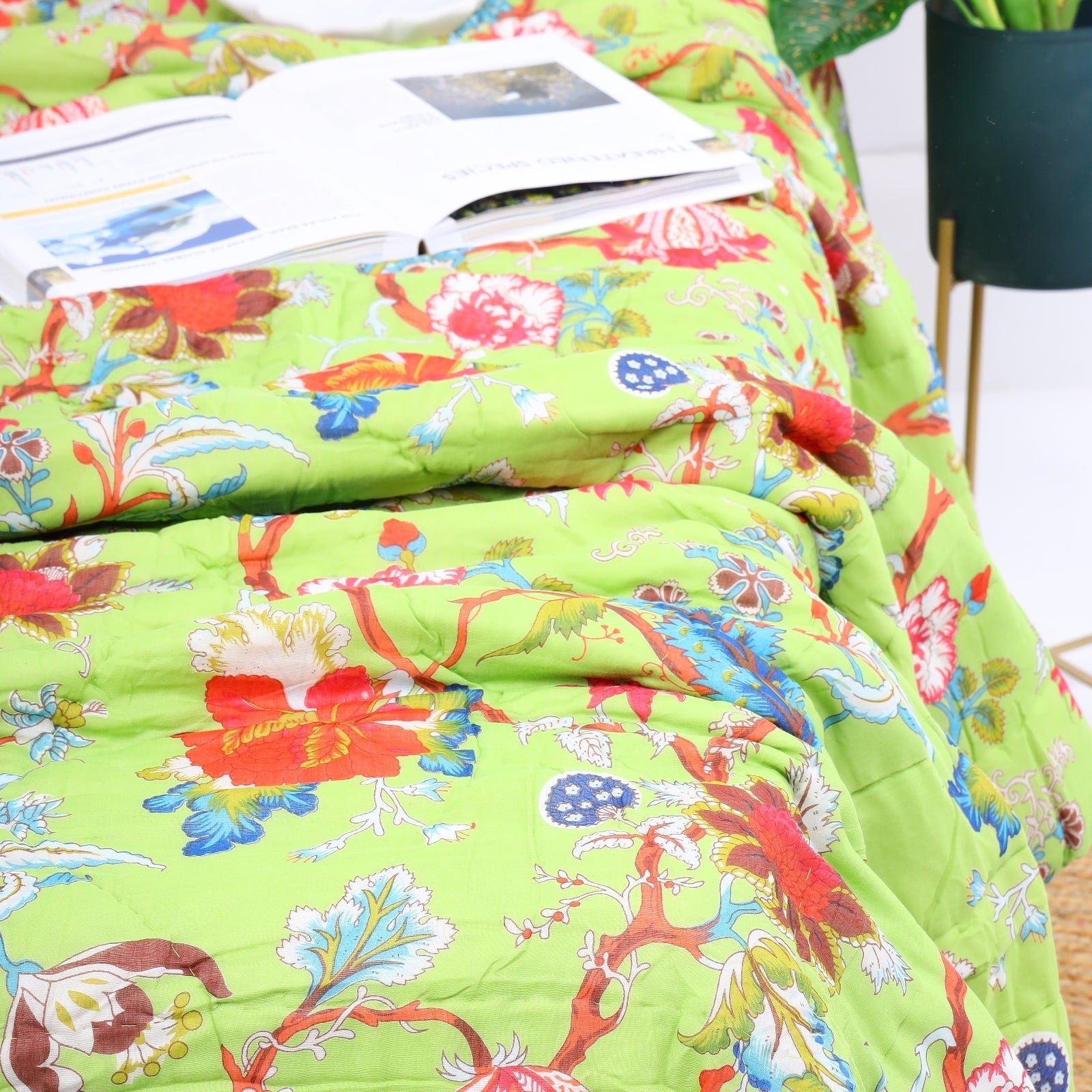 Velvet Floral Kantha Quilt - Sea Green Harmony