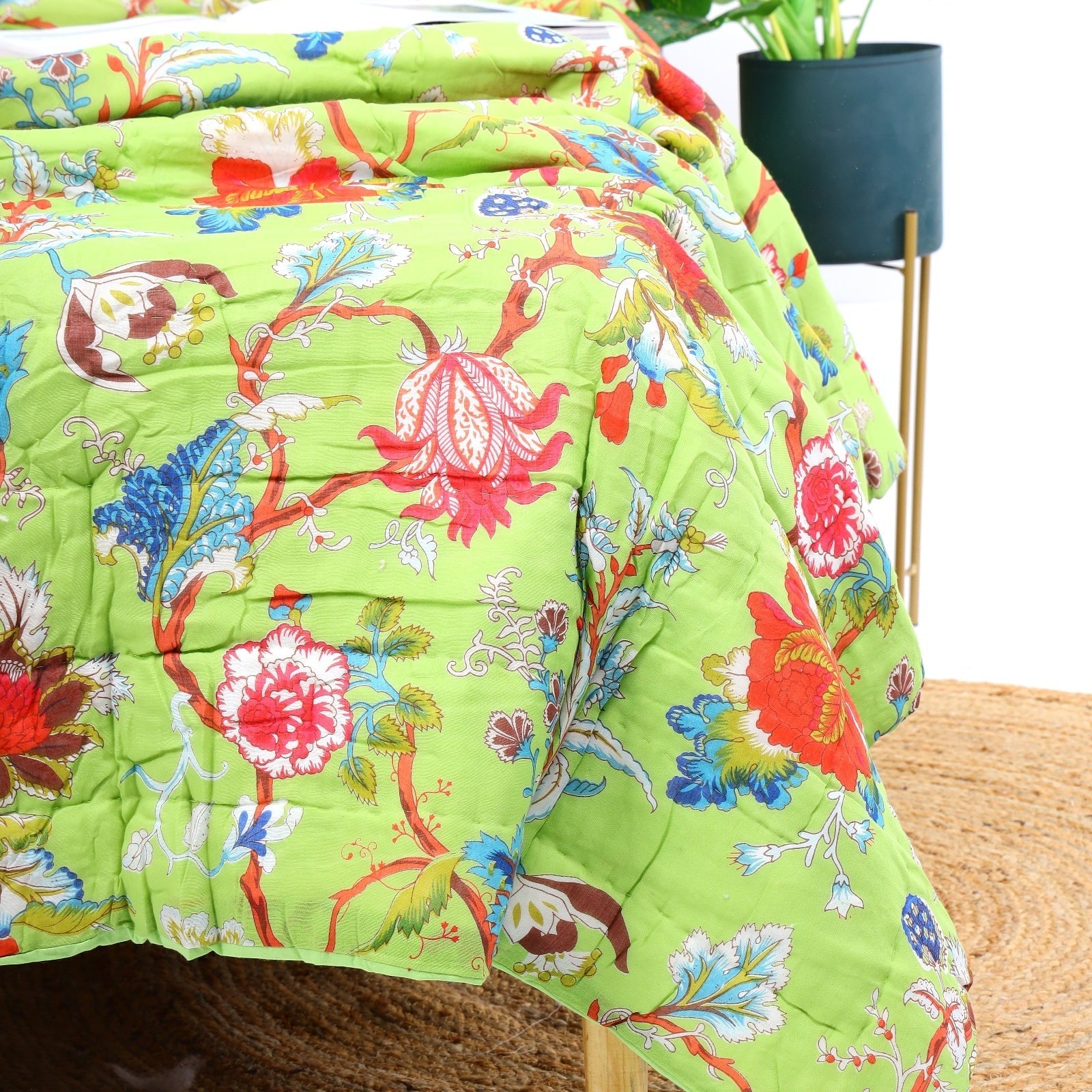 Velvet Floral Kantha Quilt - Sea Green Harmony