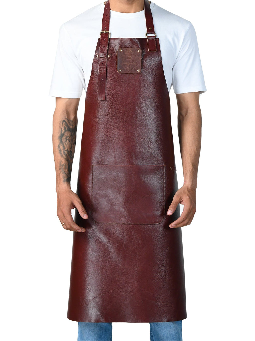 Handcrafted chestnut leather apron designed for chefs and artisans