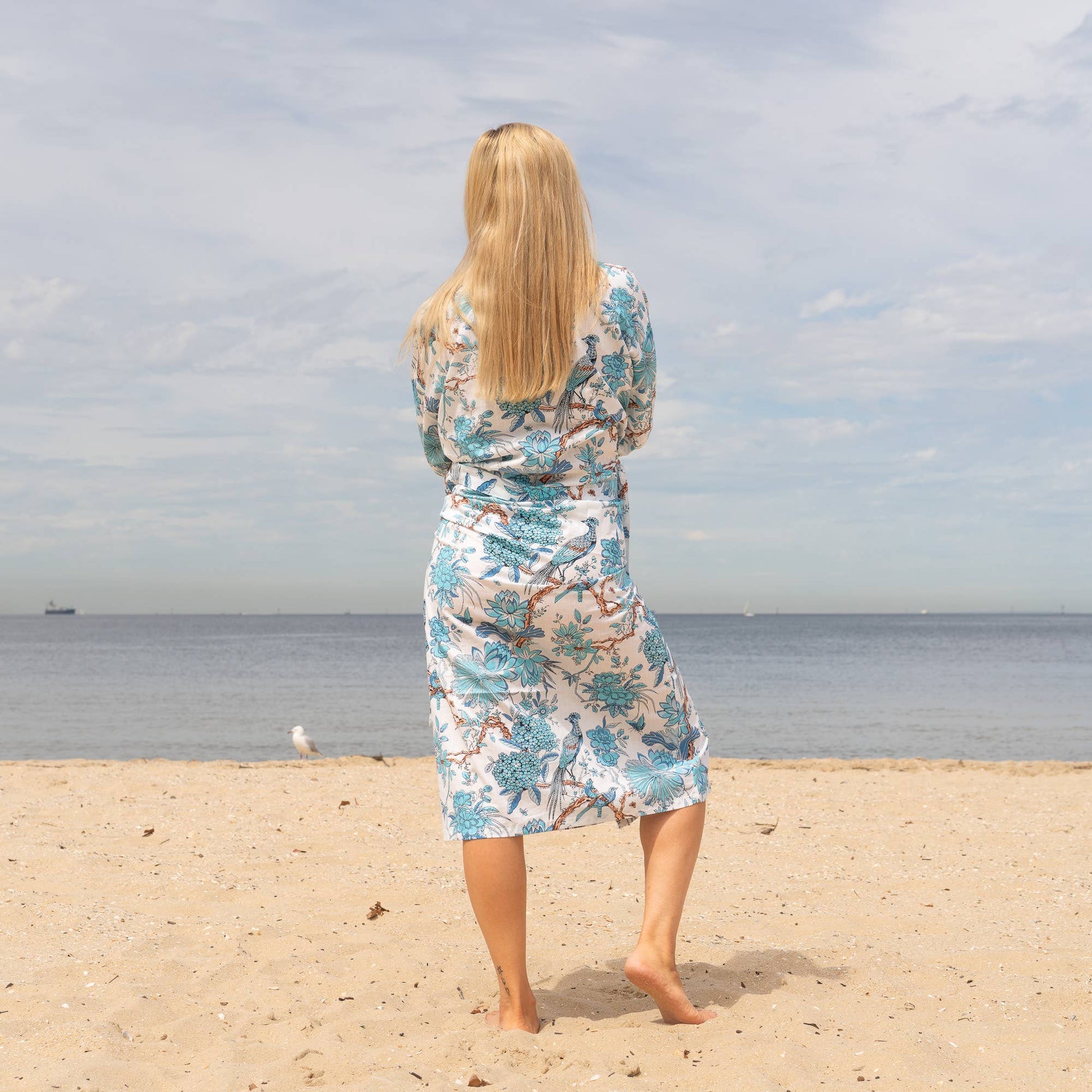 BLUE PEACOCK' Women's Cotton Kimono Robe