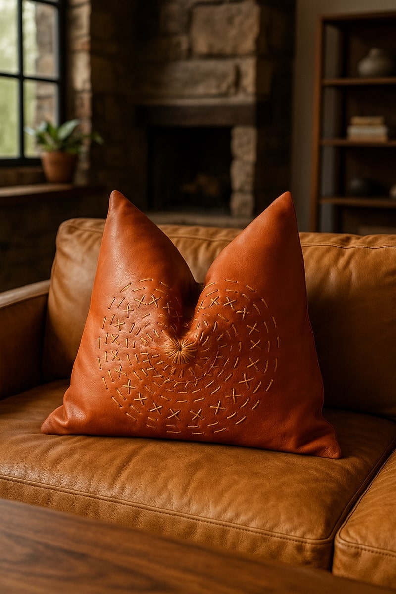 100% Tan Leather Cushion Cover - Orange Leather