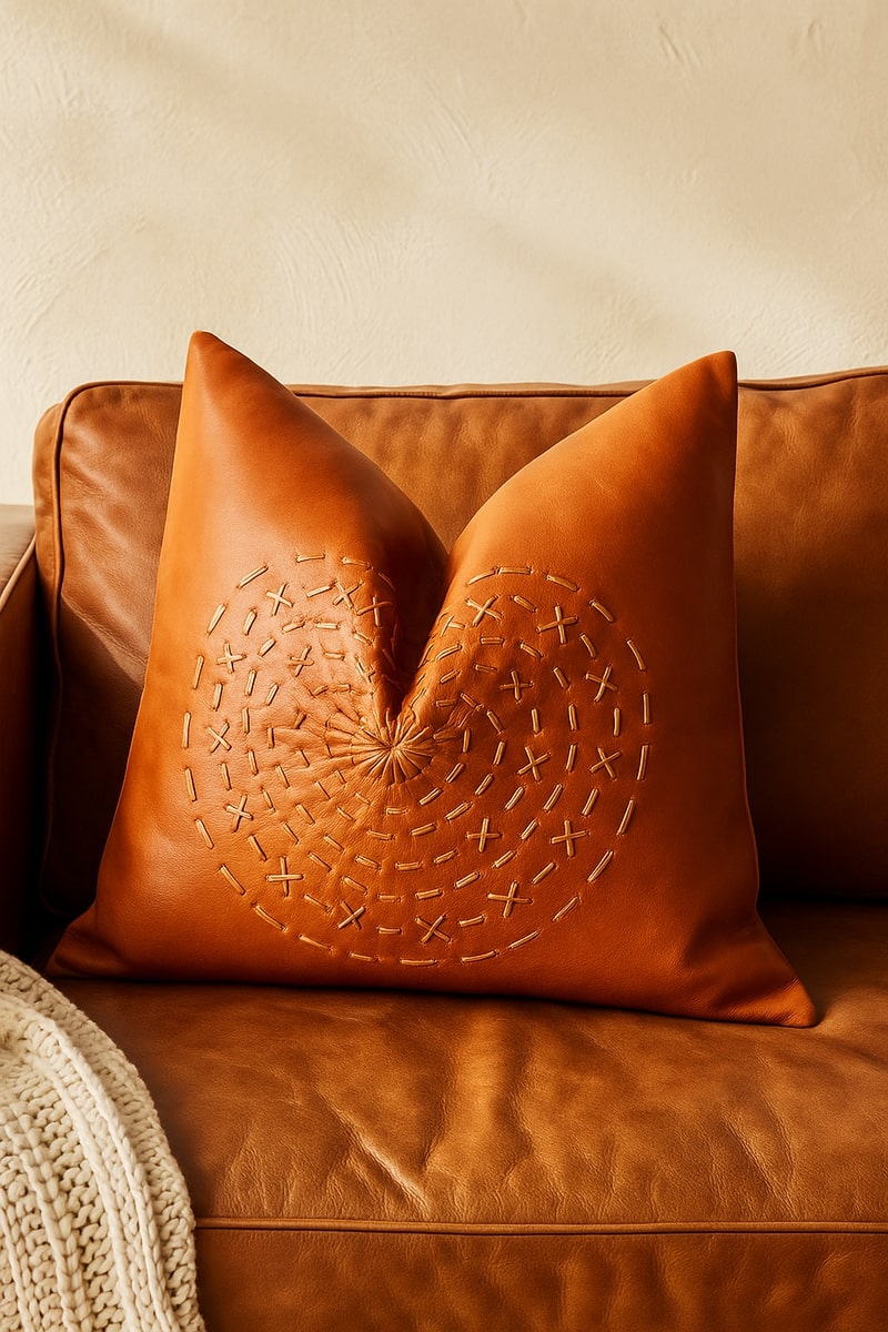 100% Tan Leather Cushion Cover - Orange Leather