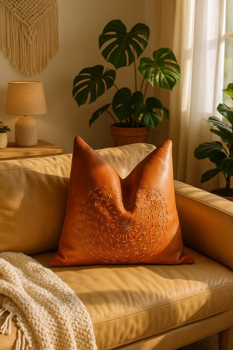 100% Tan Leather Cushion Cover - Orange Leather