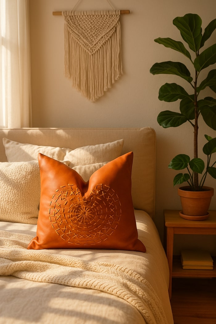 100% Tan Leather Cushion Cover - Orange Leather