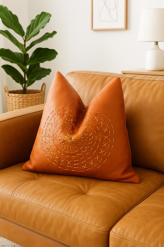 100% Tan Leather Cushion Cover - Orange Leather