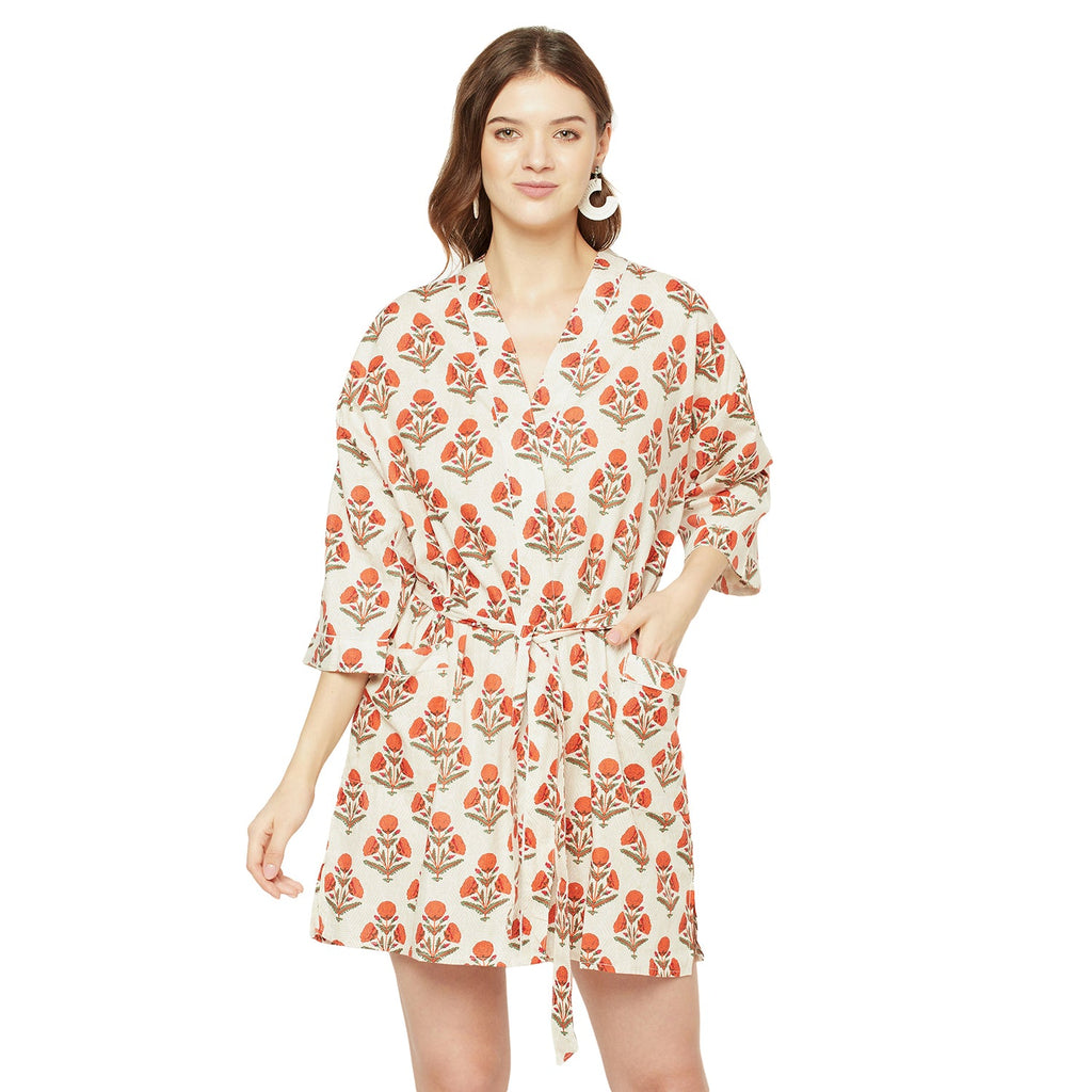 'Red Blooms' 100% Cotton Kimono Robe