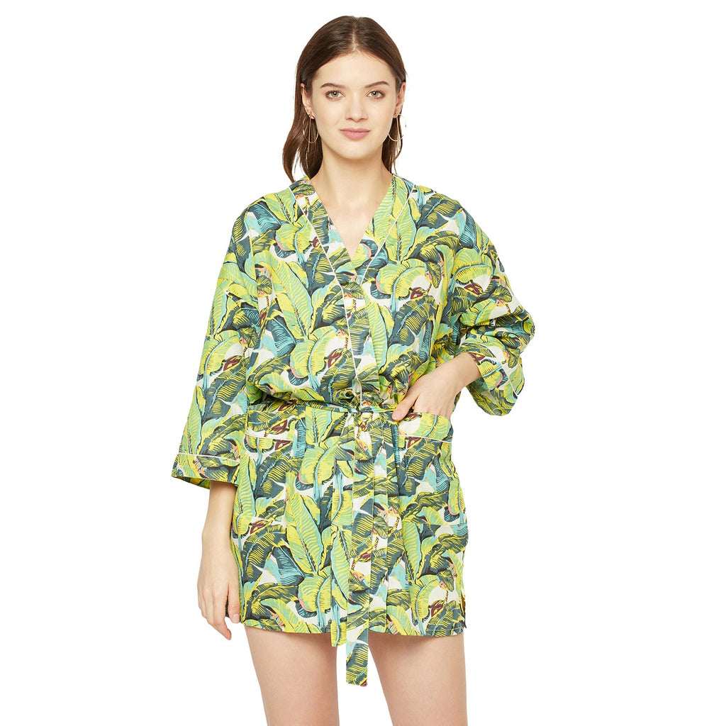 'Verdant Vibes' 100% Cotton Kimono Robe