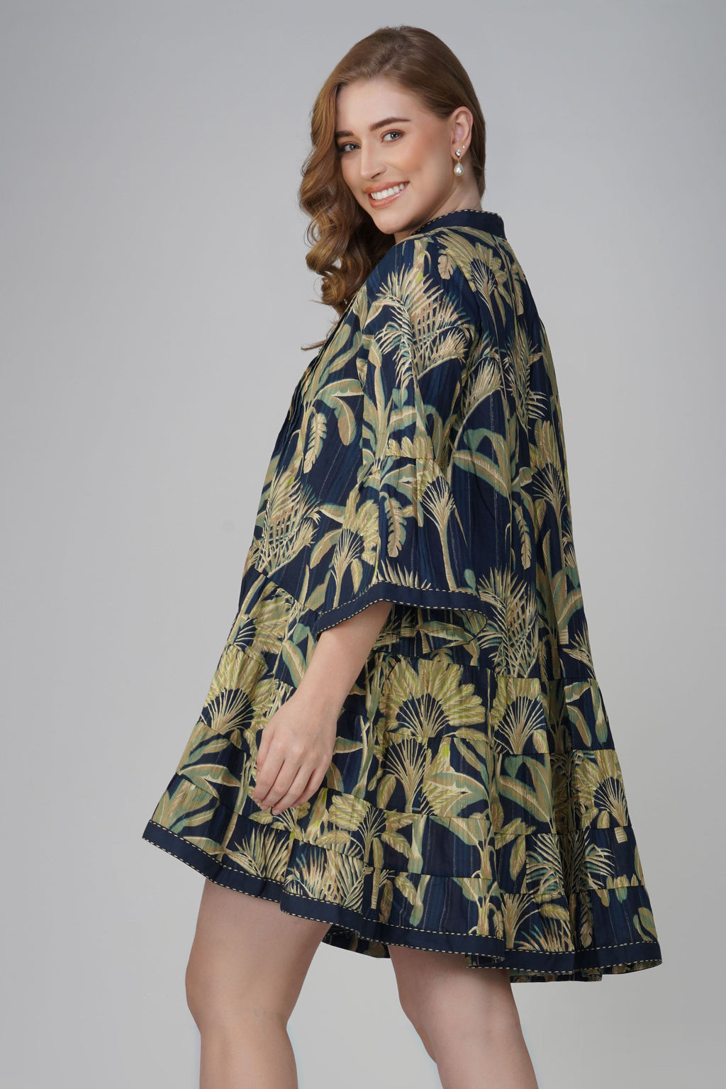Women’s tropical tiered cotton mini dress for summer wear