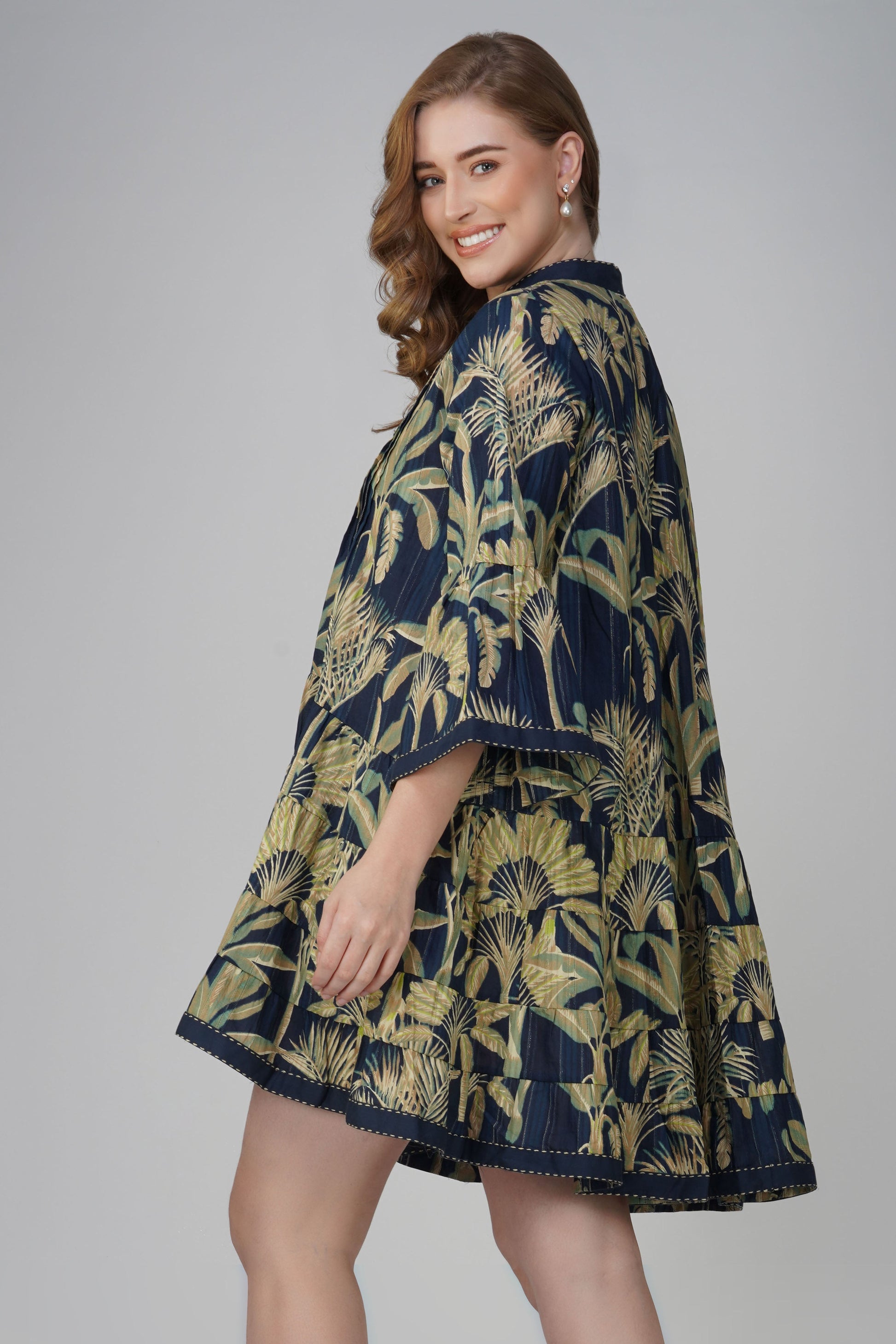 Women’s tropical tiered cotton mini dress for summer wear