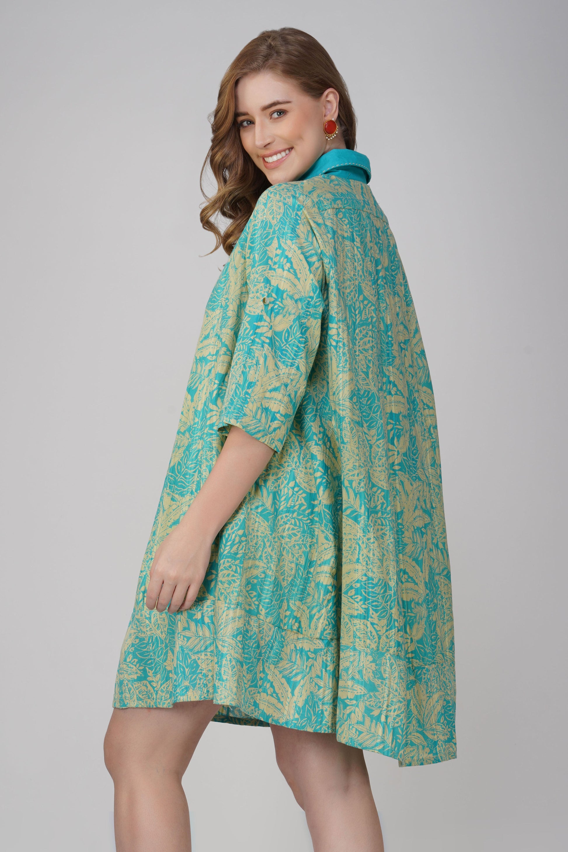Aqua Bloom Breeze cotton shirt dress, front view with button-down design
