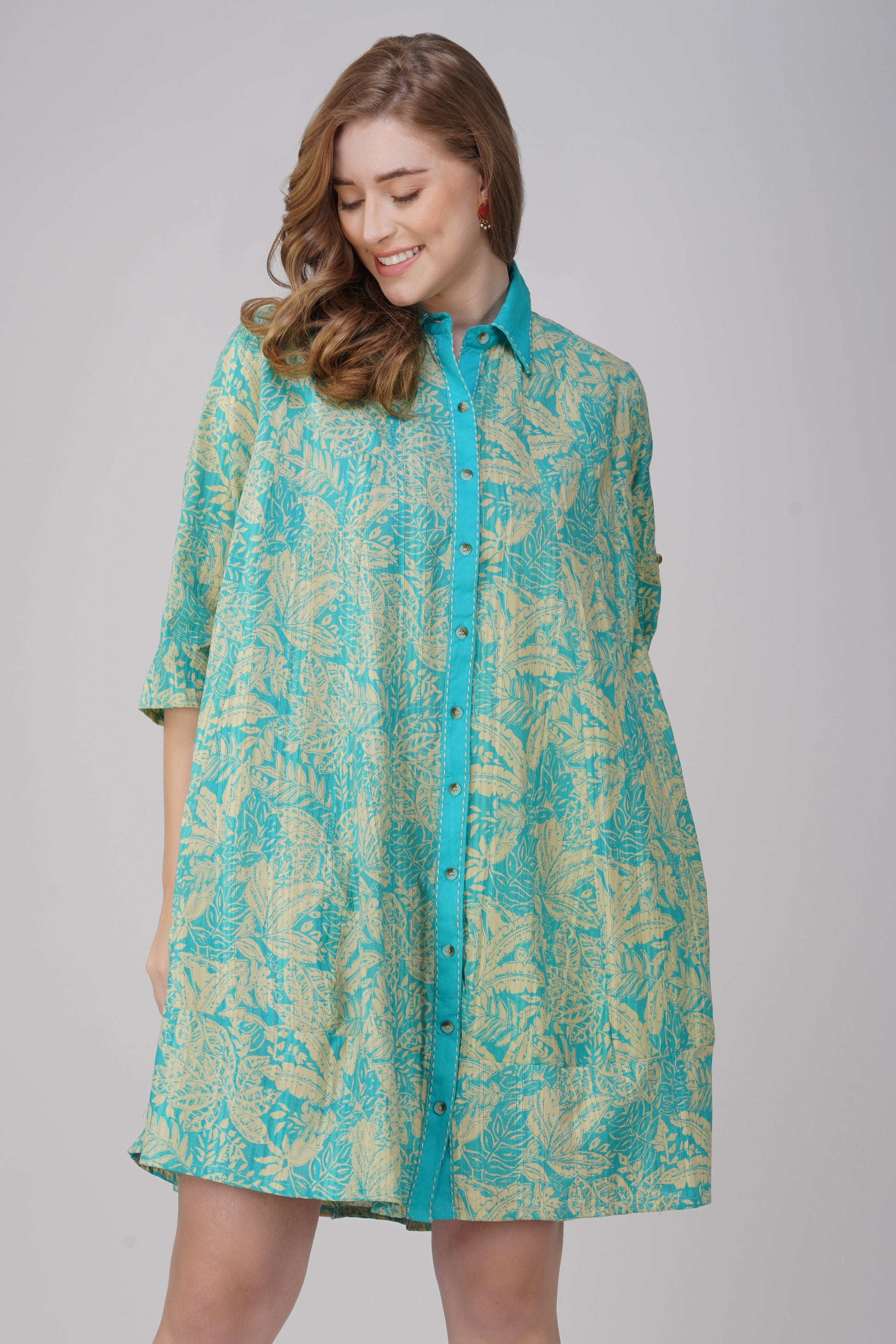 Close-up detail of hand block printed fabric on cotton shirt dress