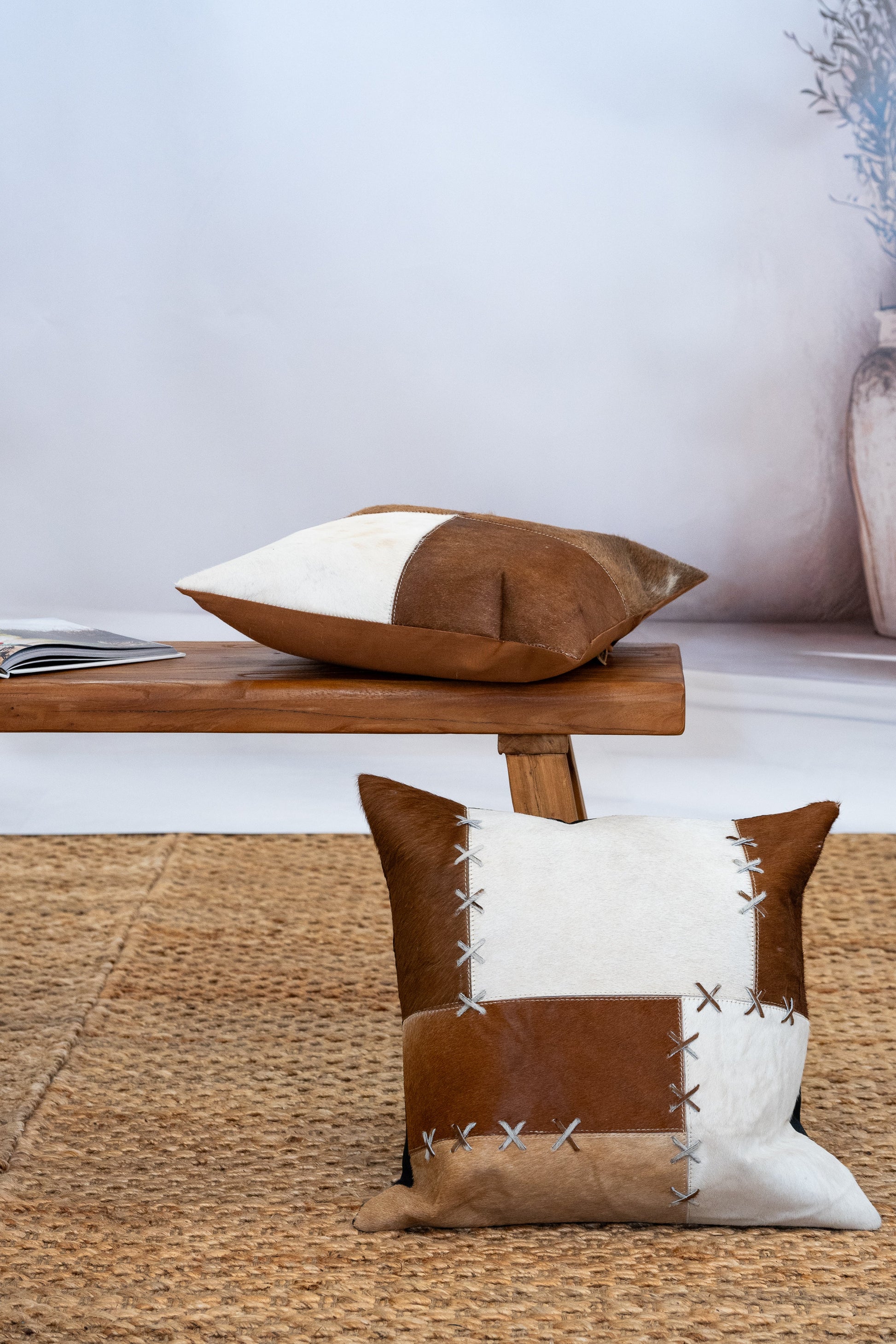 Rustic Luxe Cowhide Cushion Cover - Handmade Patchwork Leather 45x45cm