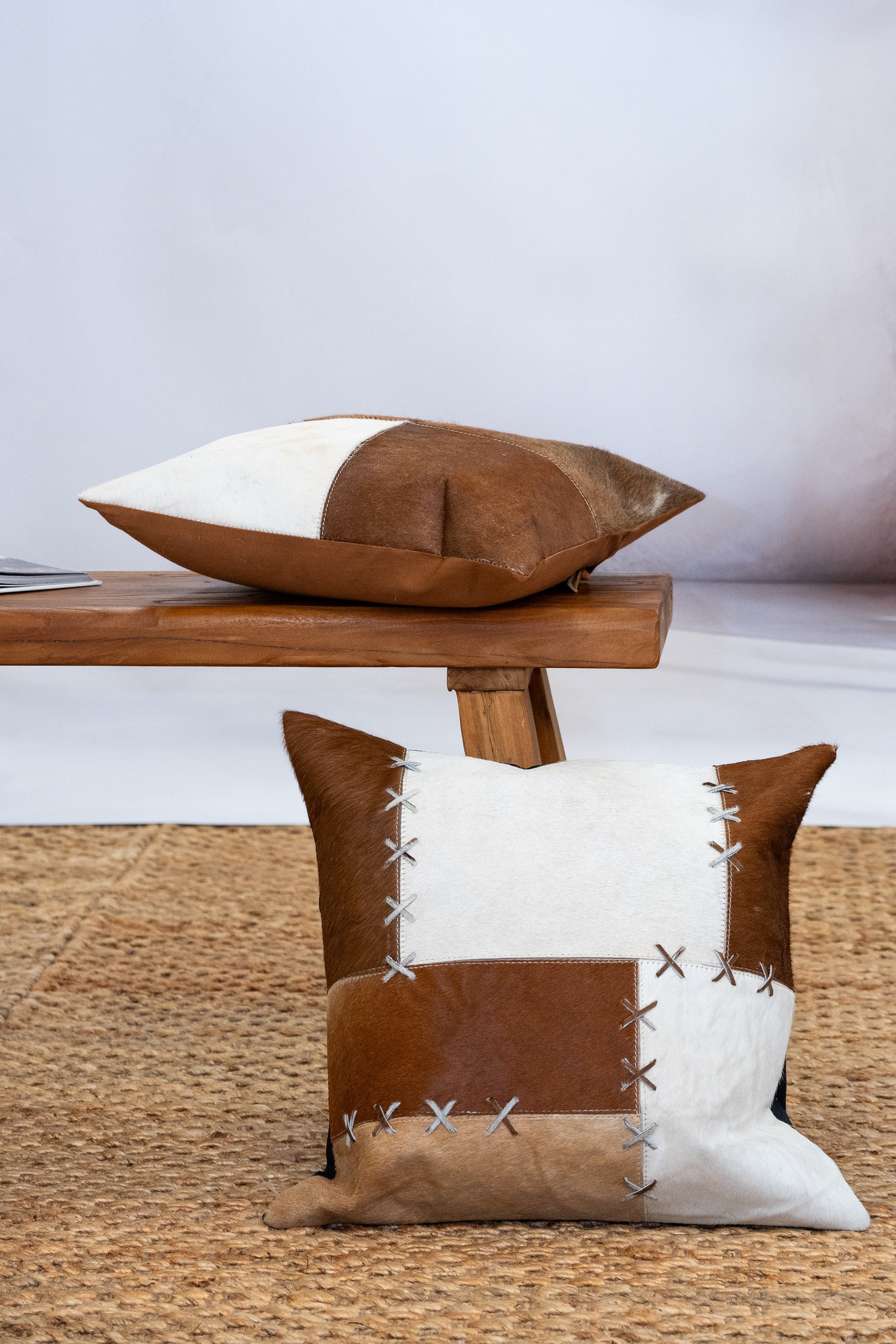 Rustic Luxe Cowhide Cushion Cover - Handmade Patchwork Leather 45x45cm