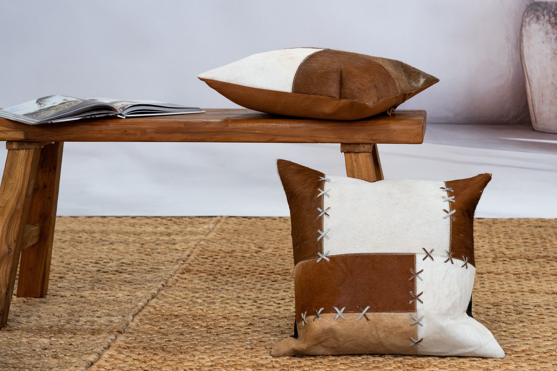 Rustic Luxe Cowhide Cushion Cover - Handmade Patchwork Leather 45x45cm