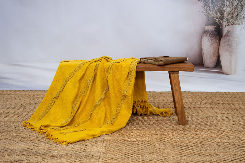 Golden Mustard Cotton Throw - Handwoven Boho Textured Blanket