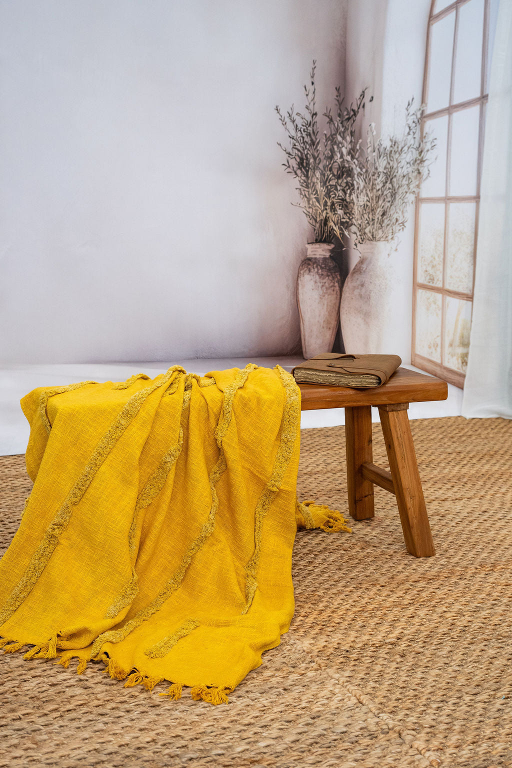 Golden Mustard Cotton Throw - Handwoven Boho Textured Blanket