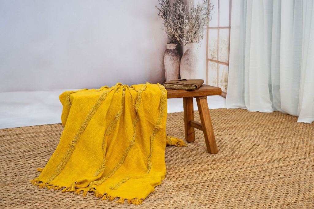 Golden Mustard Cotton Throw - Handwoven Boho Textured Blanket