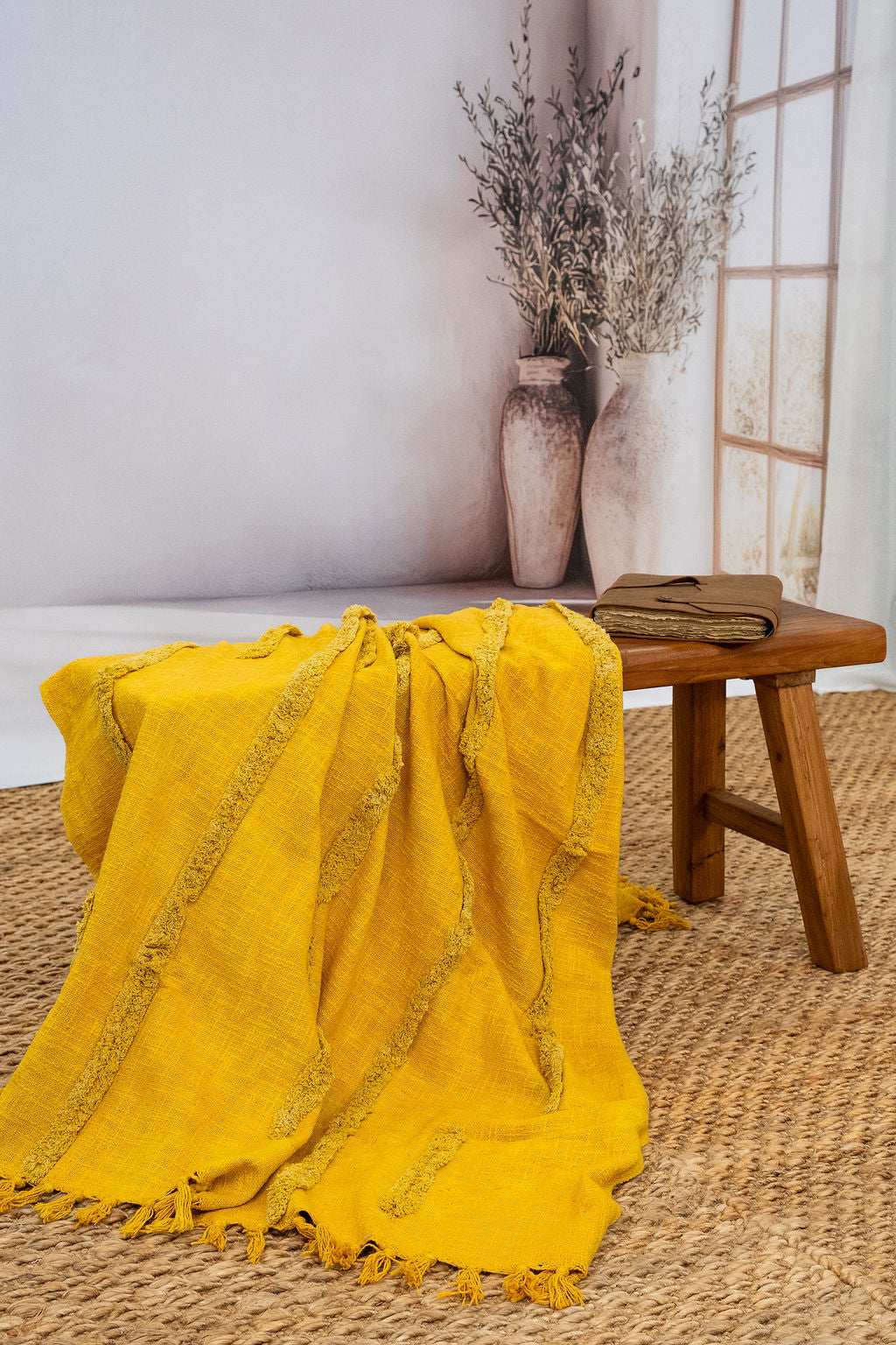 Golden Mustard Cotton Throw - Handwoven Boho Textured Blanket
