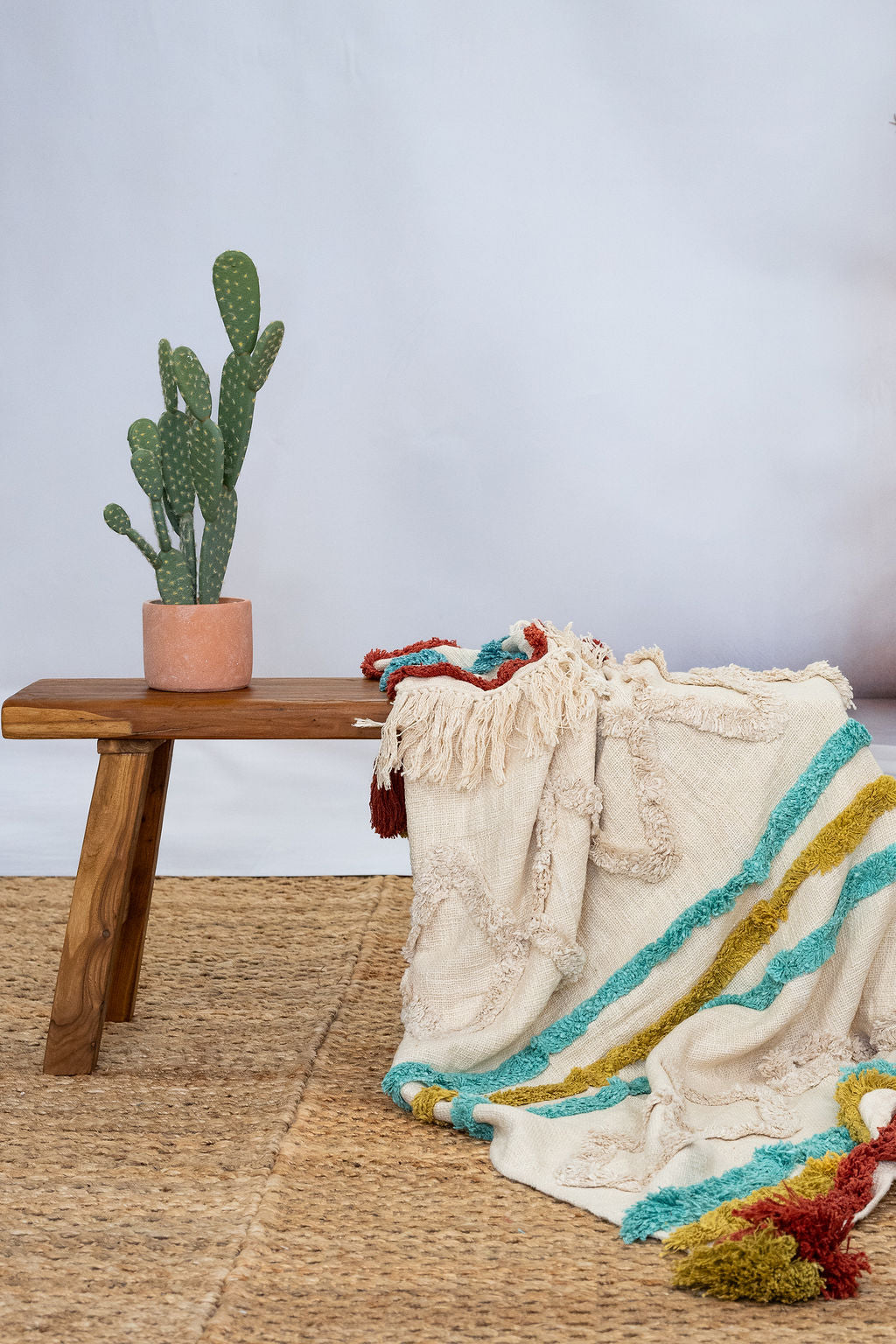 Handwoven Cotton Throw Blanket - Boho Textured Design with Tassels