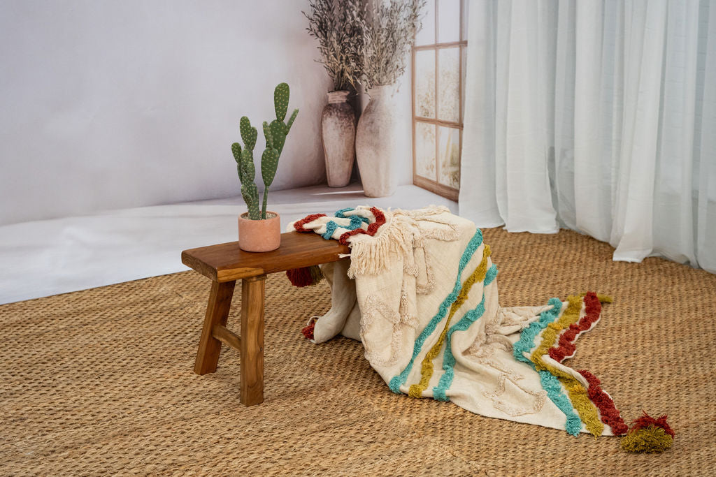 Handwoven Cotton Throw Blanket - Boho Textured Design with Tassels